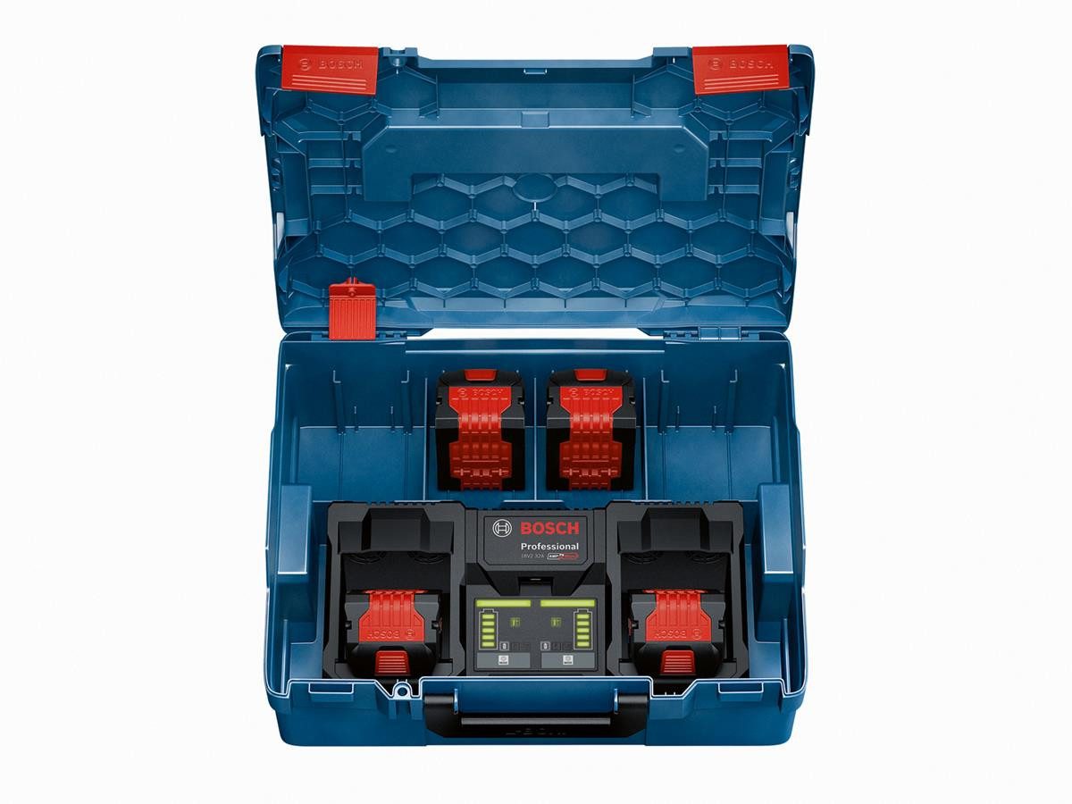 BOSCH Doppel EXPERT EXAL 18V2-320 Ladestation (Ladegerät-Set mit L-BOXX, Doppelladegerät inkl. L-BOXX, ohne Akkus, Ultraschnelles 16-A-Parallelladen, Kühlung und 3 Lademodi)