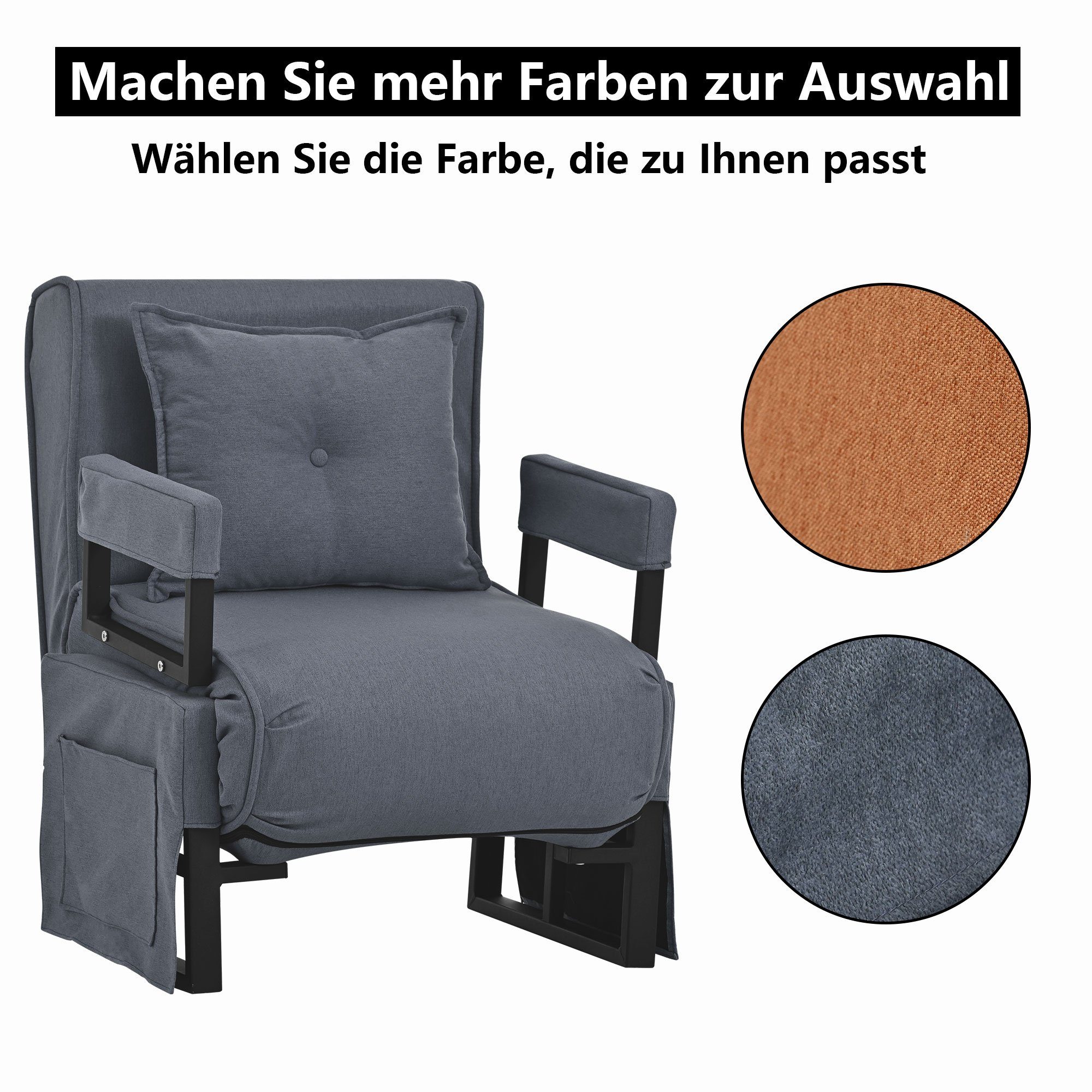 Merax Relaxsessel 3-in-1 faltbar mit mit Relaxliege Fach 6 und Grau Schlafsessel, Metallrahmen, Leinenbezug Liegesessel Rücklehne, umwandelbar vestellbarer