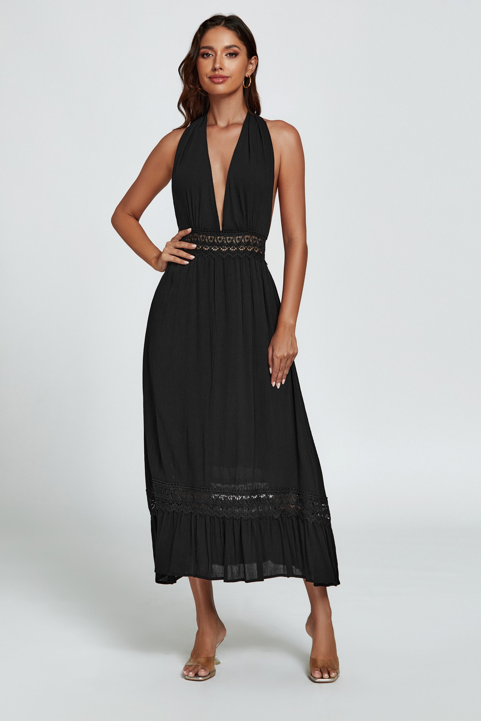 FS Collection Midikleid Damen Sommerkleid Midikleid Halterneck Trägerkleid Rückenfrei (XS (EU:36 / UK:8) · S (EU:38 / UK:10) · M (EU:40 / UK:12) · L (EU:42 / UK:14) · XL (EU:44 / UK:16), 3 Farben : Weiß, Grün und Schwarz) 100% Baumwolle – atmungsaktiv und hautfreundlich