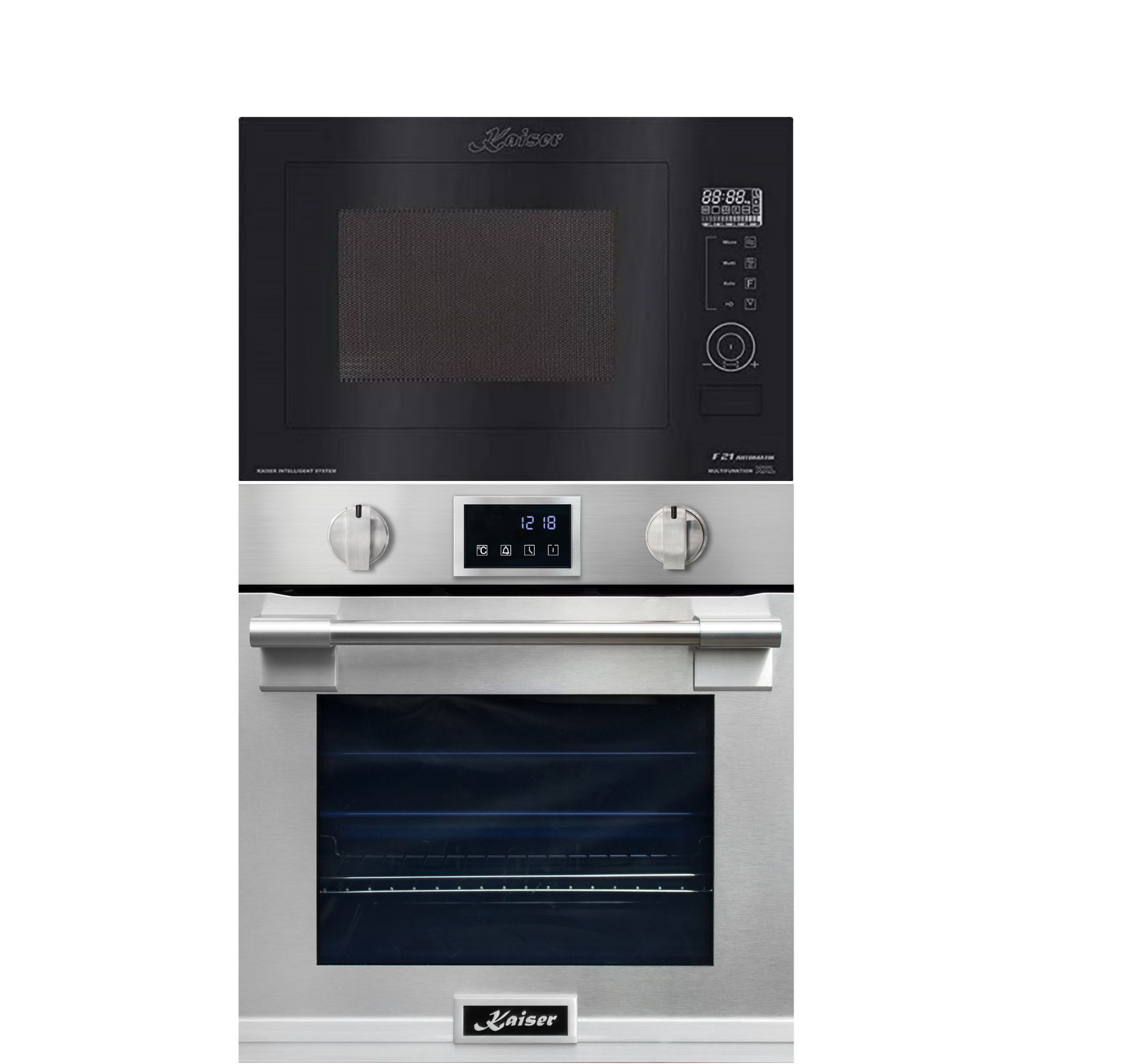 Kaiser Küchengeräte Backofen-Set XXL Einbau-Backofen 86L, mit Pyrolyse & AirFry, Touchdisplay, Drehknebel, 11 Funktionen+Einbau-Mikrowelle, Schwarz Glas, 25L, Heißluft, Grill, 21 Funktionen EH 6339+EM 2510, mit 1-fach-Teleskopauszug