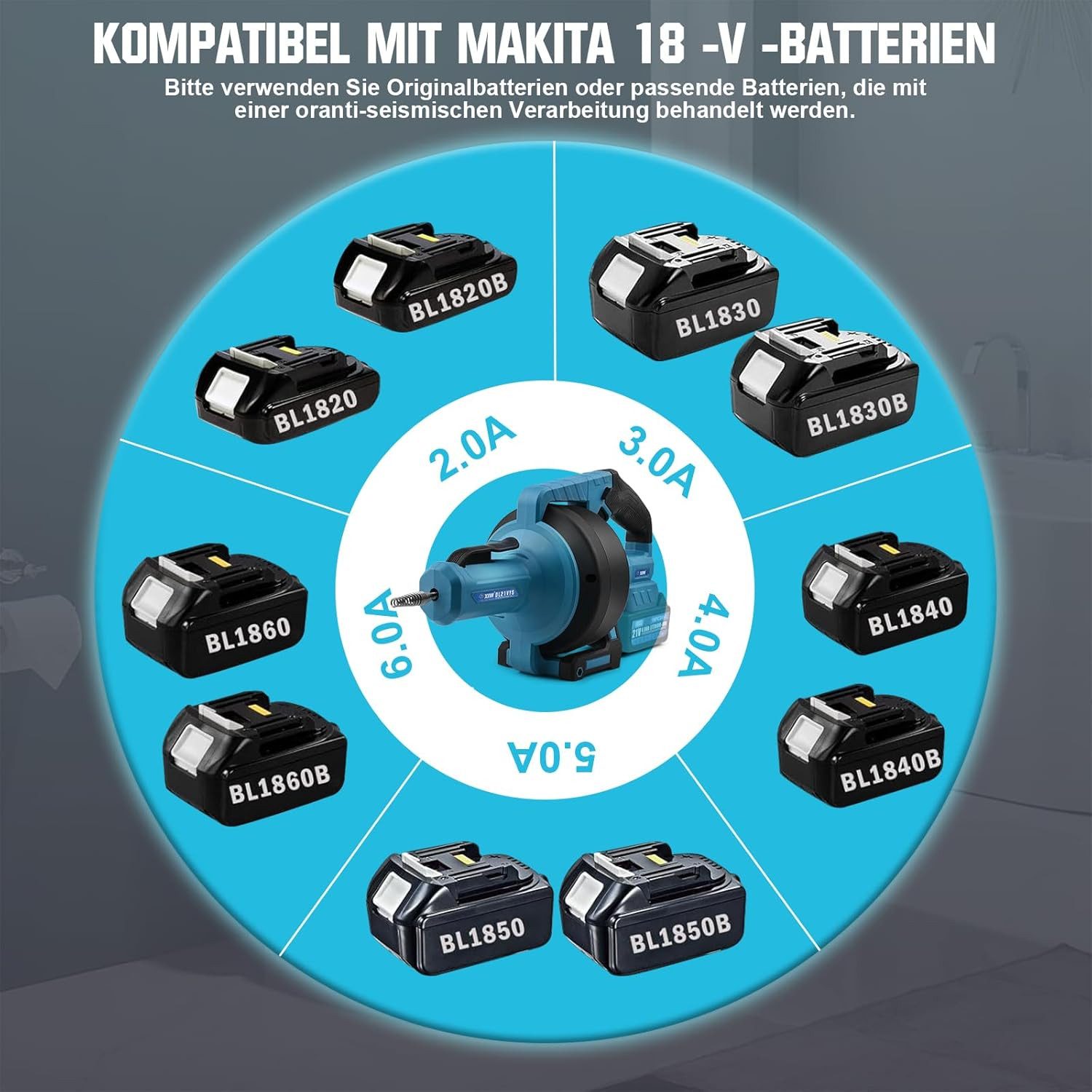 XERSEK Rohrreinigungsspirale Akku-Rohrreiniger Rohrreinigungsmaschine geeignet für Makita 18V, ∅ 9 mm, 7.6m für 18-85mm mit 2X 21V 4,0A Akku, Elektrischer Abflussreiniger