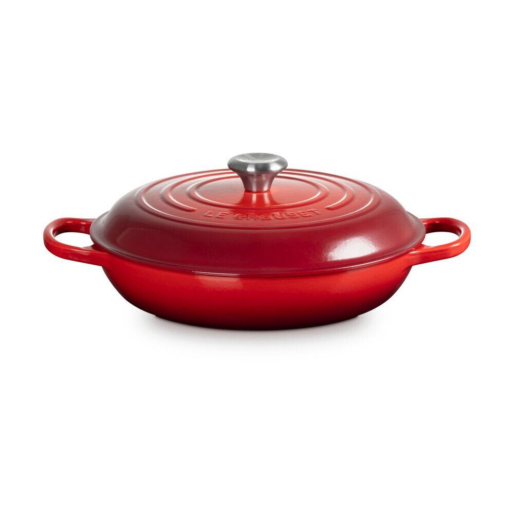 LE CREUSET Bräter Gourmet-Profitopf mit Deckel 30 cm Signature Kirschrot, Emailliertes Gusseisen, flacher Schmortopf, Cocotte, Servierpfanne, ca. 3-4 Pers., Ø30cm, rot