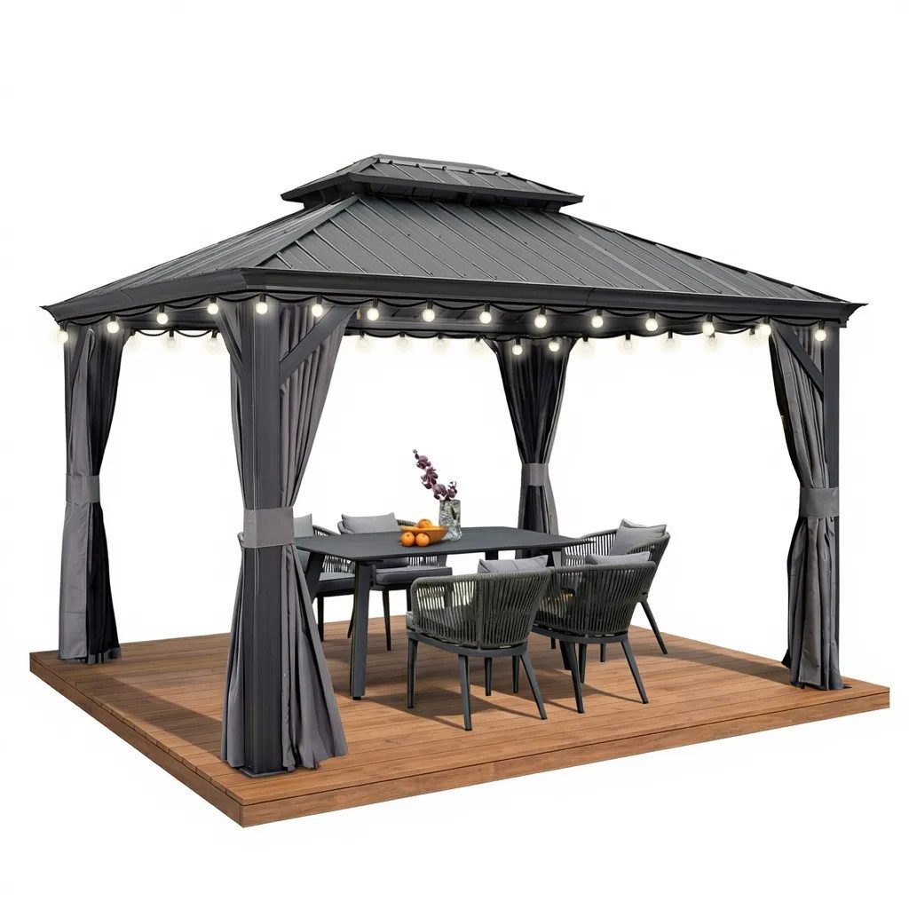 PURPLE LEAF Pavillon Hardtop Aluminium Gartenpavillon mit LED-Lichtern und Seitenteilen