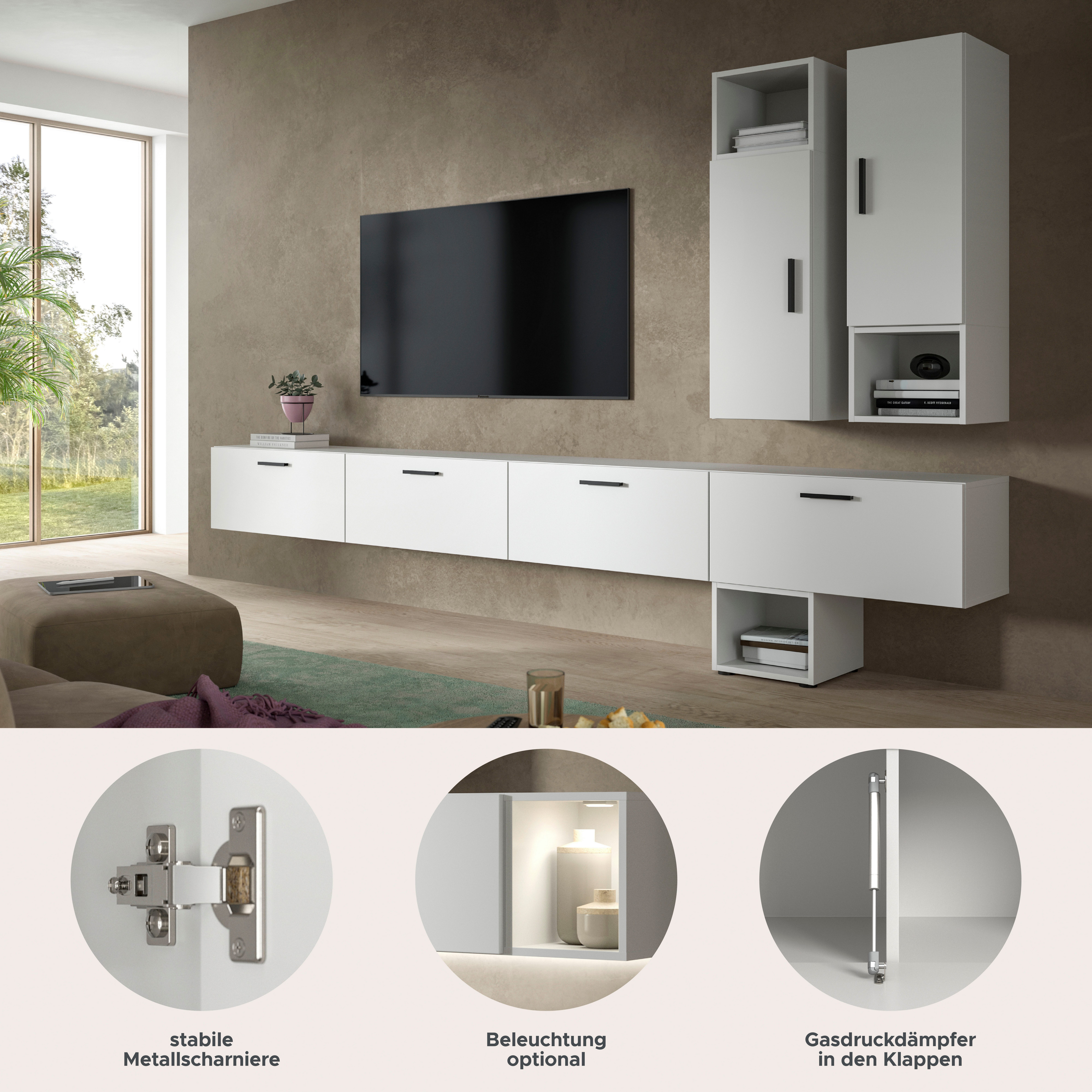 Home affaire Schrank-Set ENESTE, 9-teilig, in verschiedenen Farben, individuell kombinierbar, (3-St., verschiedenste Kombinationmöglichkeiten, stehend oder hängend), Stauraumelement, Kombination, Wohnkombination, Schrankwand, Lowboard