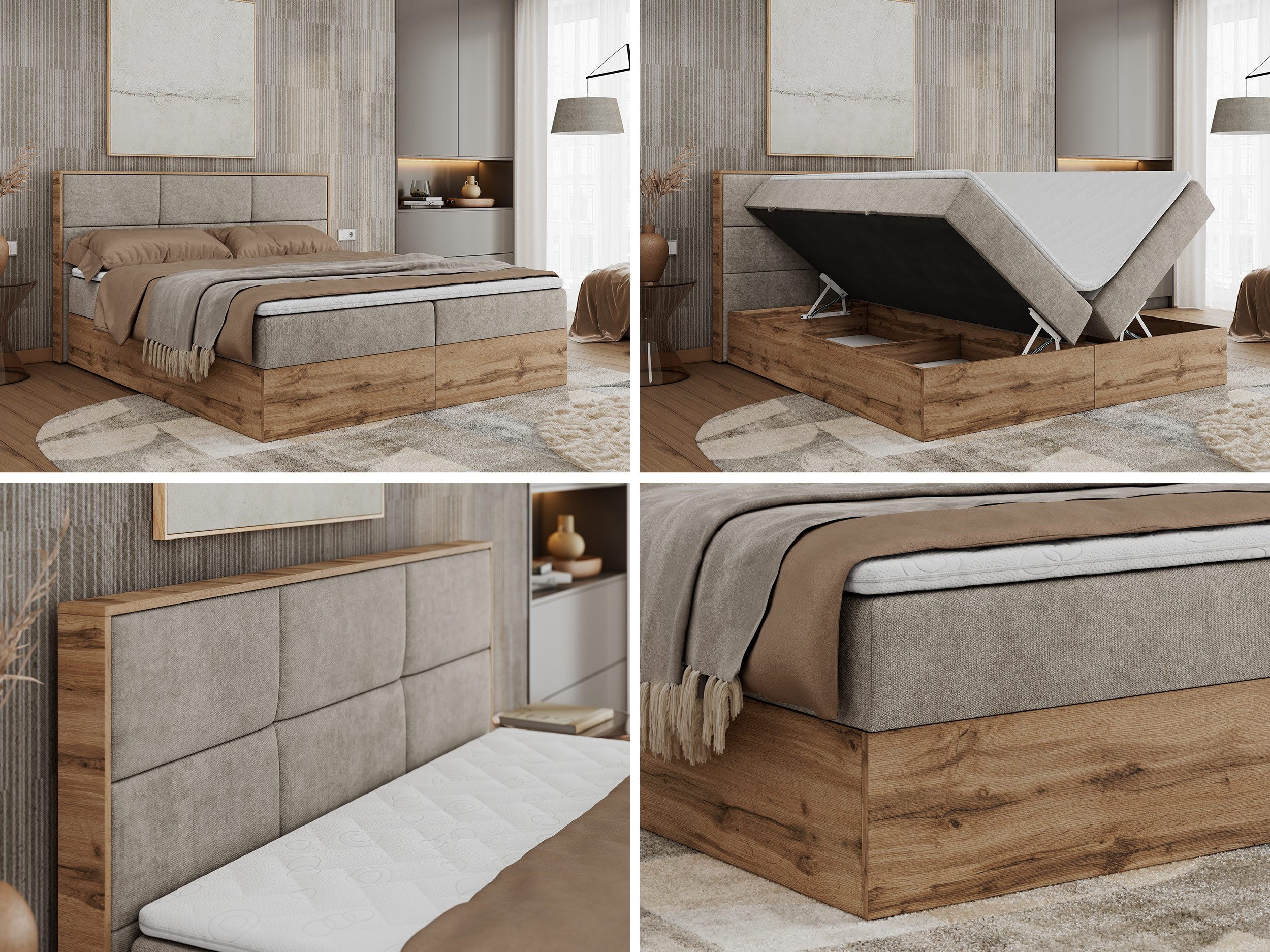 MKS MÖBEL Boxspringbett ALBERO 2 (Packung, Set, Polsterbett, T30-Schaum, Topper T25/Visco, Zwei Bettkästen), Doppelbett, mit Möbelplatten, Multipocket-Matratze, mit Kopfstütze