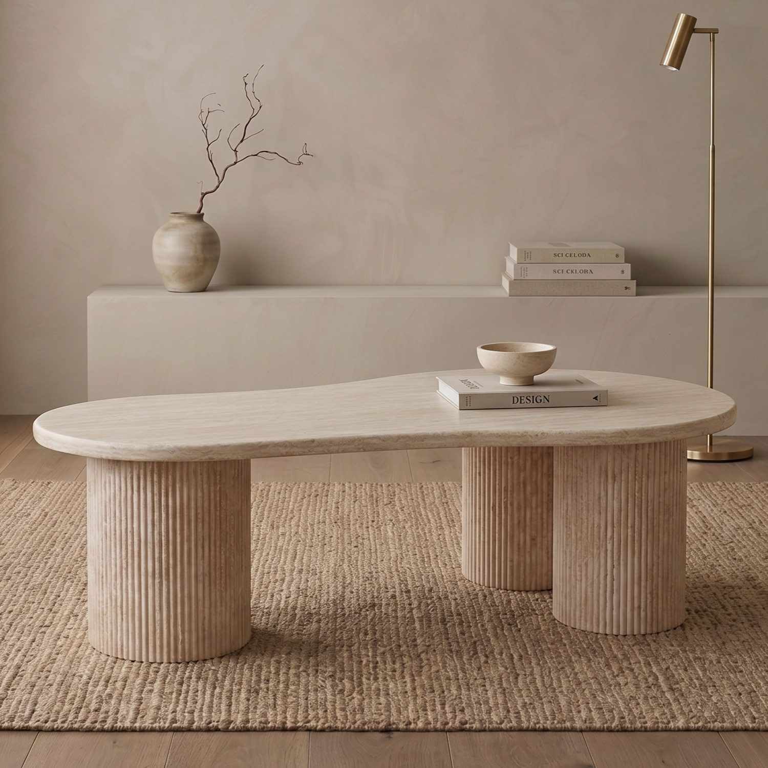 alesvelt Couchtisch Lucano mit Travertin-Design TIschplatte Tischbeine im edlen Säulenstil (1-Tisch), 140 x 80 x 45 cm
