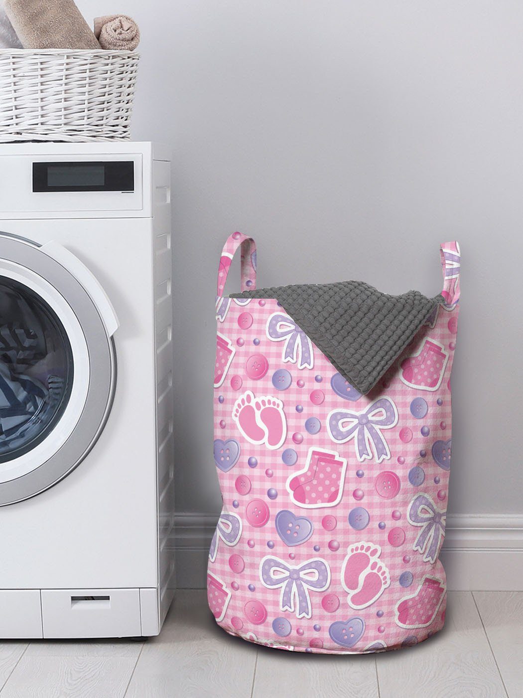 Abakuhaus und Griffen für Baby Wäschekorb Band Kordelzugverschluss mit Waschsalons, Wäschesäckchen Bögen Knöpfe