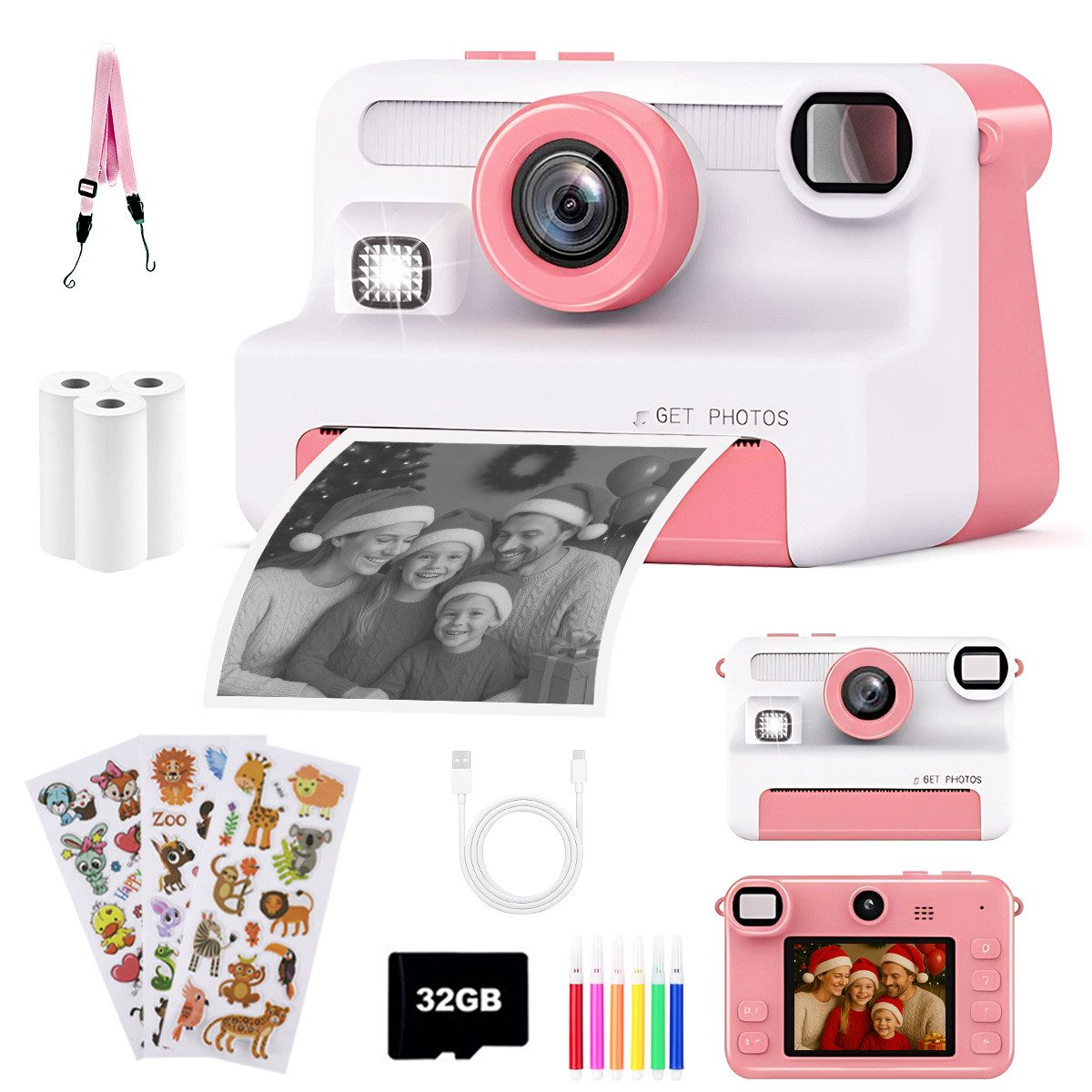 FOSMET Kinderkamera Sofortbildkamera,1080P 2,4" Display Digitalkamera Kinder Kinderkamera (30 MP, 8x opt. Zoom, inkl. Lustige Kinderspielzeug Geschenke für Jungen & Mädchen von 3-12 Jahren, 30MP Sofortbildkamera Kinder mit 32GB Karte & 3 Rollen Druckpapier)