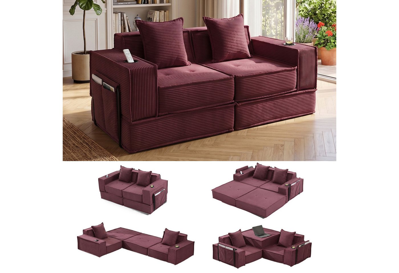 GLP Sofa Modulares Bodensofa 2-Sitzer, Set 5, faltbares Cord-Schlafsofa mit Liegefläche 162x156 cm