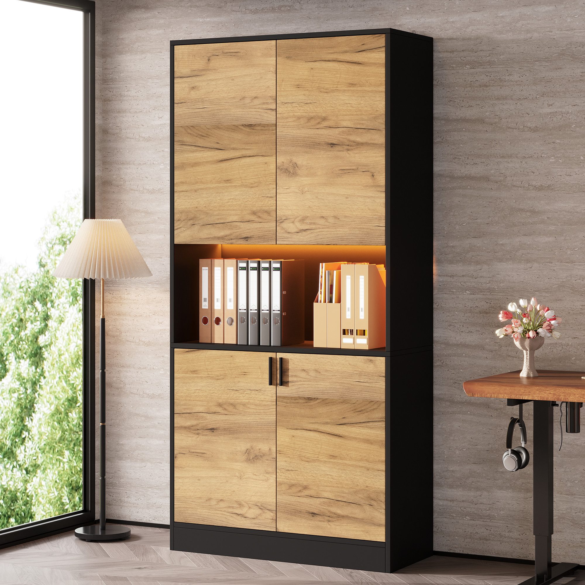 Flieks Hochschrank Mehrzweckschrank mit LED-Beleuchtung & verstellbaren Einlegeböden (80x35x180cm, Soft-Close-Funktion, 1-St., …
