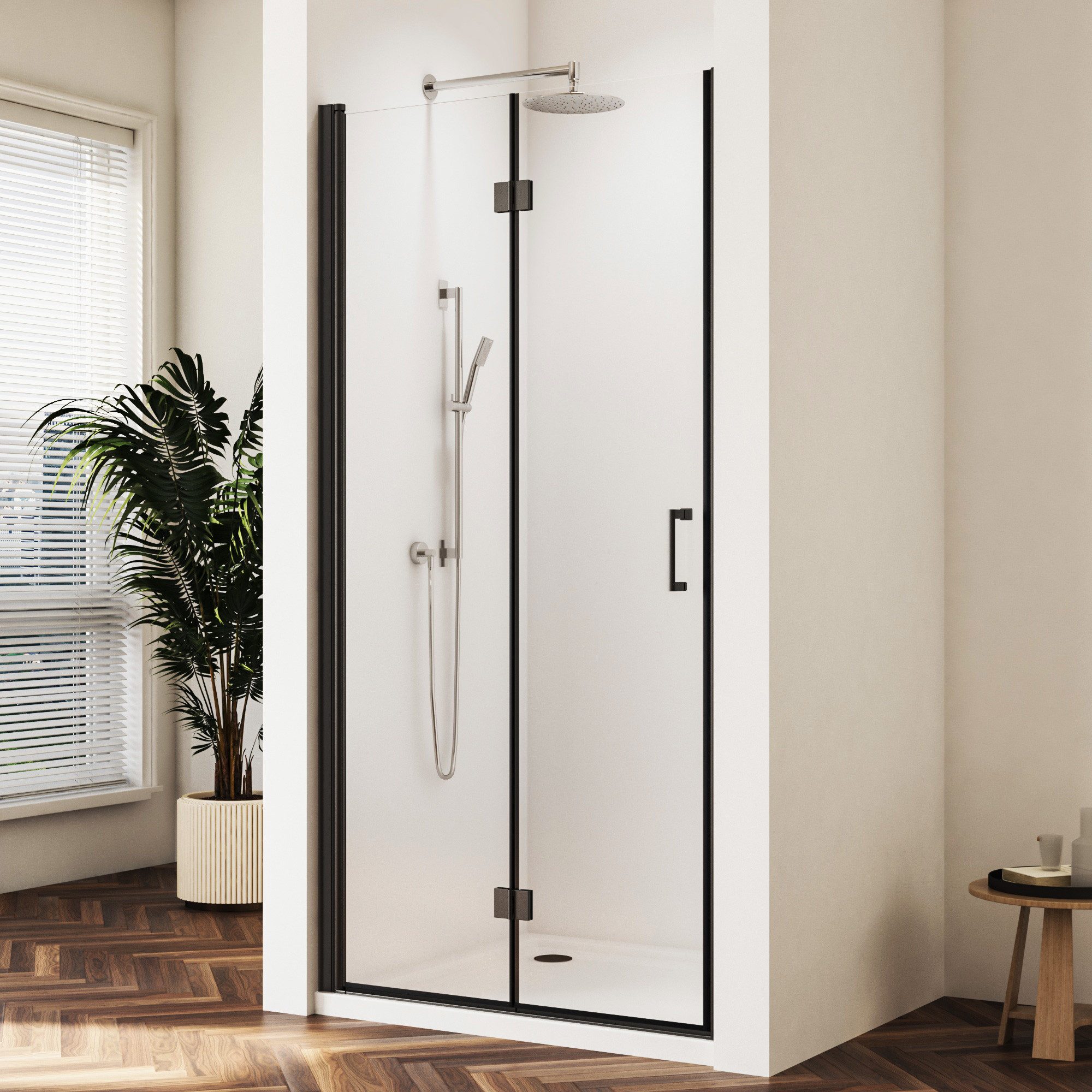 Hopibath Dusch-Drehtür Falttür Duschtür Schwarz faltbar Duschabtrennung 5mm NANO Glas, 90x195 cm, Sicherheitsglas, (Nischentür Scharniertür, B:120/100/90cm, H:195cm) mit Alu-Bodenleiste, Magnetverschluss