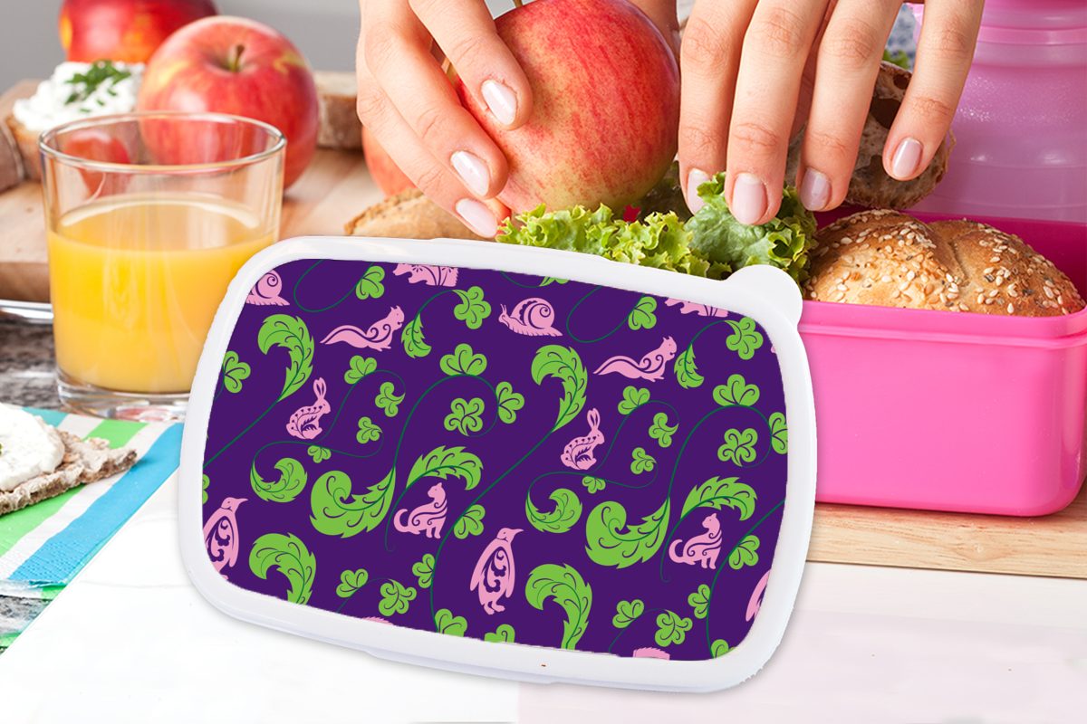 - Muster, Erwachsene, Kunststoff, Brotdose Lunchbox Blätter Kinder, Brotbox (2-tlg), Mädchen, Tiere MuchoWow Snackbox, für - rosa Kunststoff