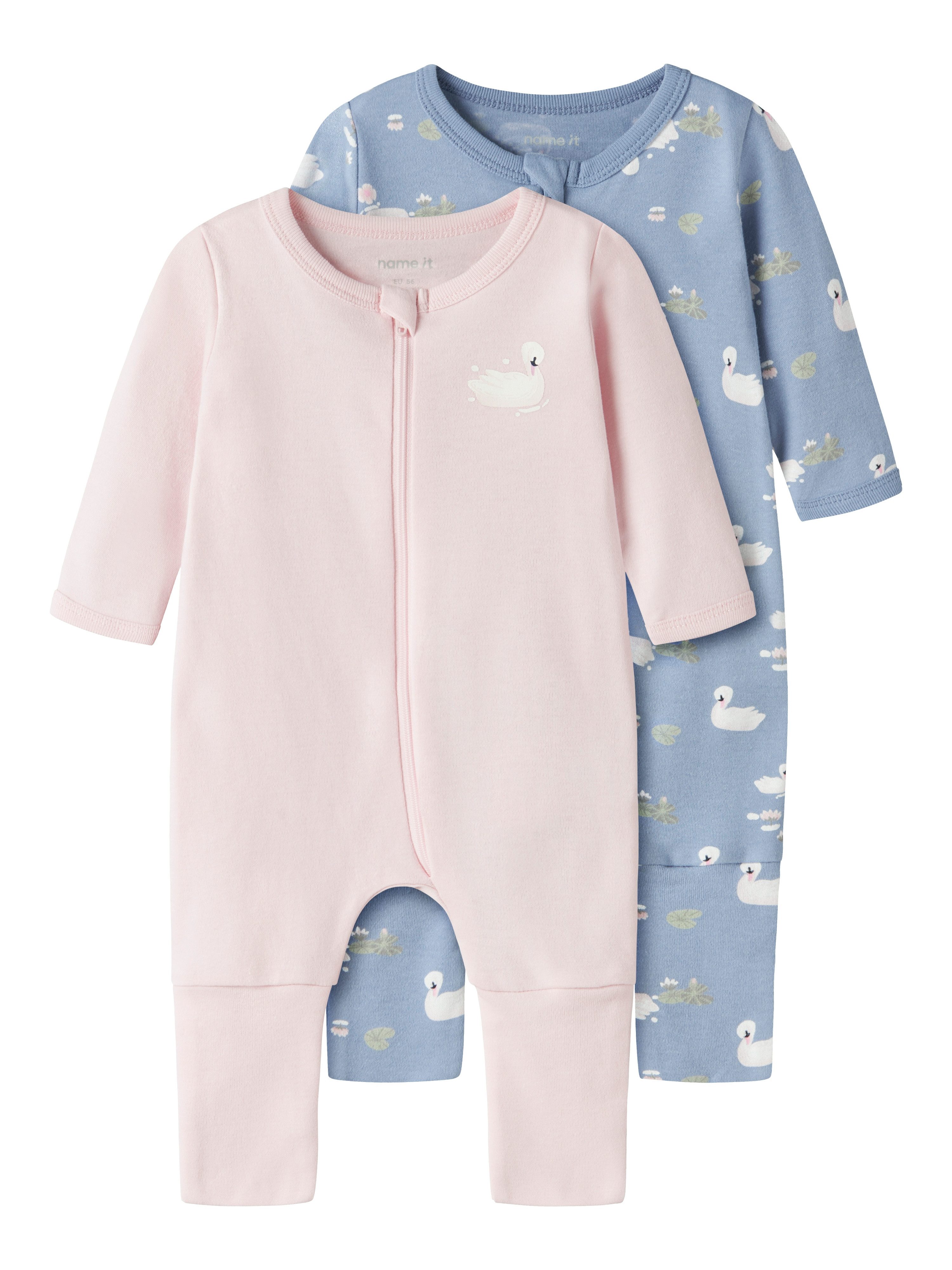 Name It Schlafanzug NBFNIGHTSUIT 2P ZIP FF SWAN NOOS (Packung, 2 tlg) aus Baumwolle, bequeme Passform, mit Reißverschluss und Kinnschutz