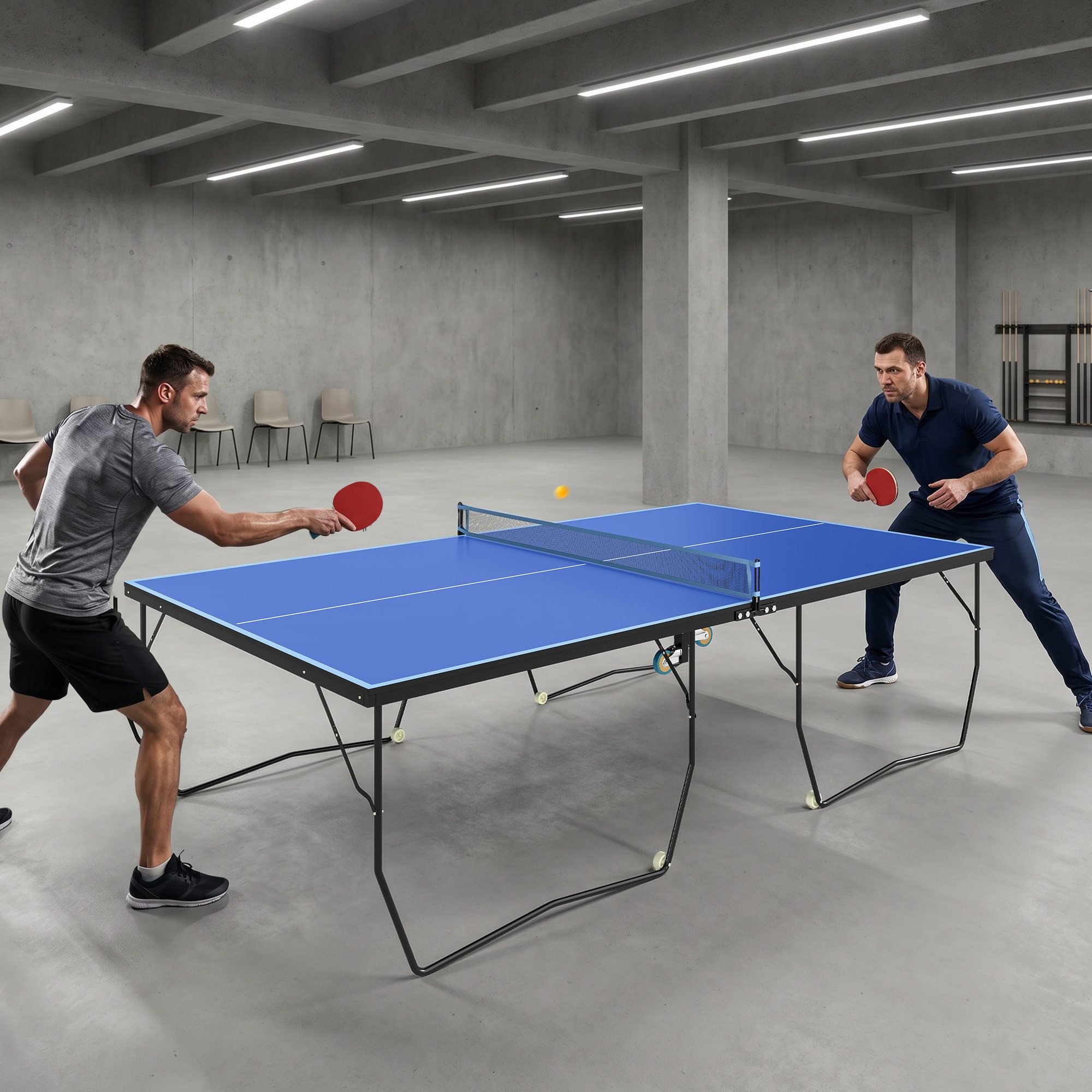 SPORTNOW Tischtennisplatte Große Tischtennistisch mit klappbares Untergestell, Netz, Rollen (Tischtennistisch, 1-tlg., mit Rollen), 274 x 152,5 x 76, Blau