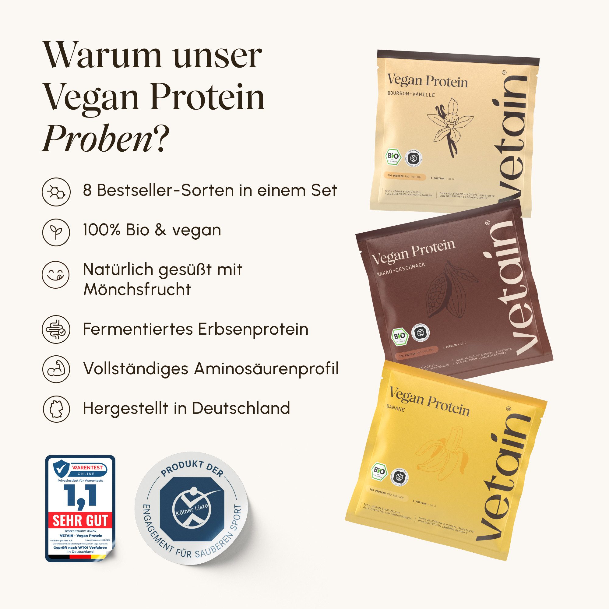 VETAIN Protein Pulver Probierpaket - 8 x 30g - 100% Bio & Vegan - Pulver, Fermentiert, frei von raffiniertem Zucker & künstlichen Süßstoffen