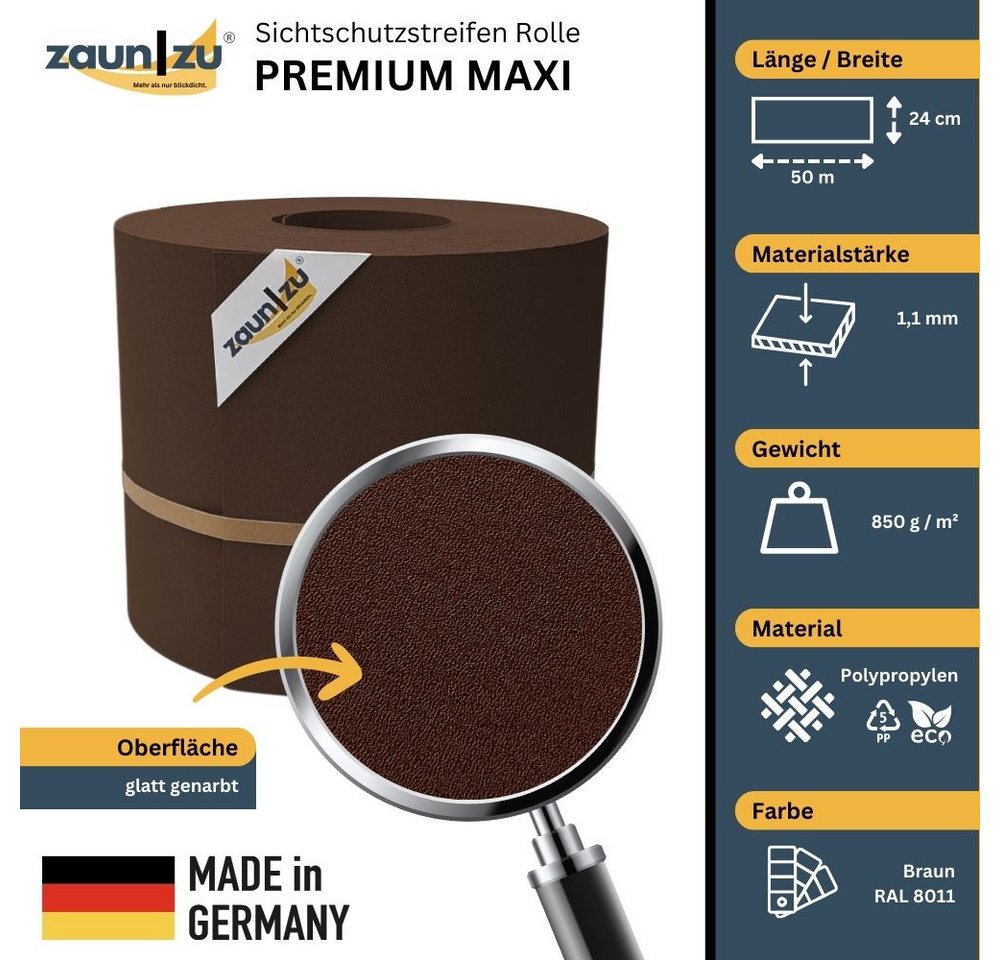 Thumbnail - zaunzu Sichtschutzstreifen Premium Maxi für Doppelstabmatten 24cm hoch Braun 50m, (1x Rolle, 24cm hoch, UV-beständiger S...