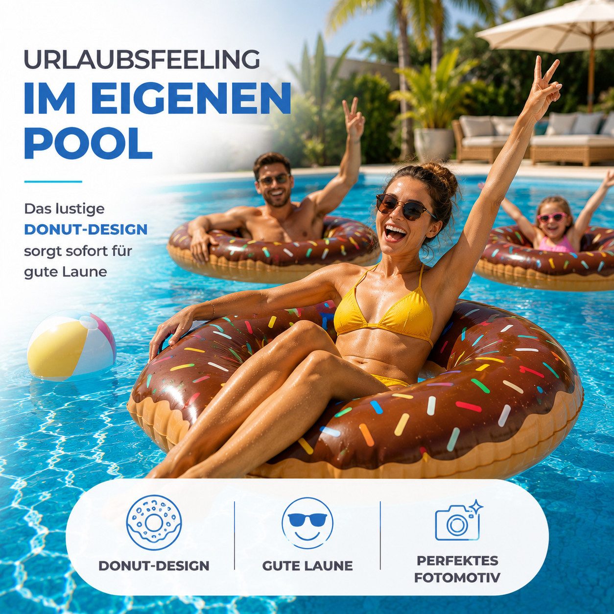 TK Gruppe Schwimmring Aufblasbarer Schwimmring aus PVC, Donut- und Flamingo-Varianten (Schwimmring), 120 cm – Bild 4 von 5
