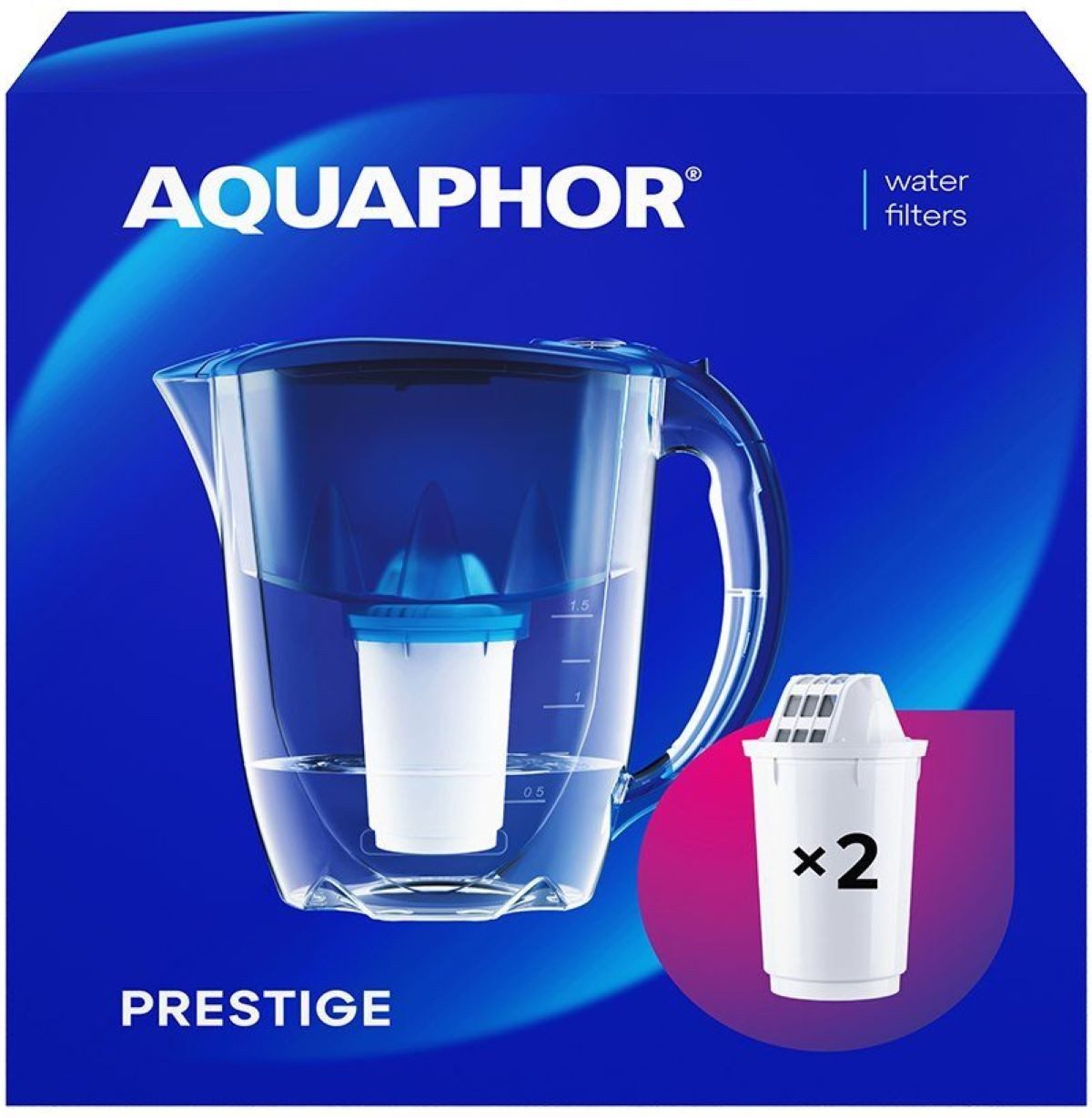 AQUAPHOR Wasserfilter Set Prestige blau - inkl. 2x Filterkartuschen A5, 350l., Zubehör für Zubehör für Filterkartuschen AQUAPHOR A5, A5H hartes Wasser & A5 Magnesium, Reduziert Kalk, Chlor & weiteren Stoffen. BPA frei
