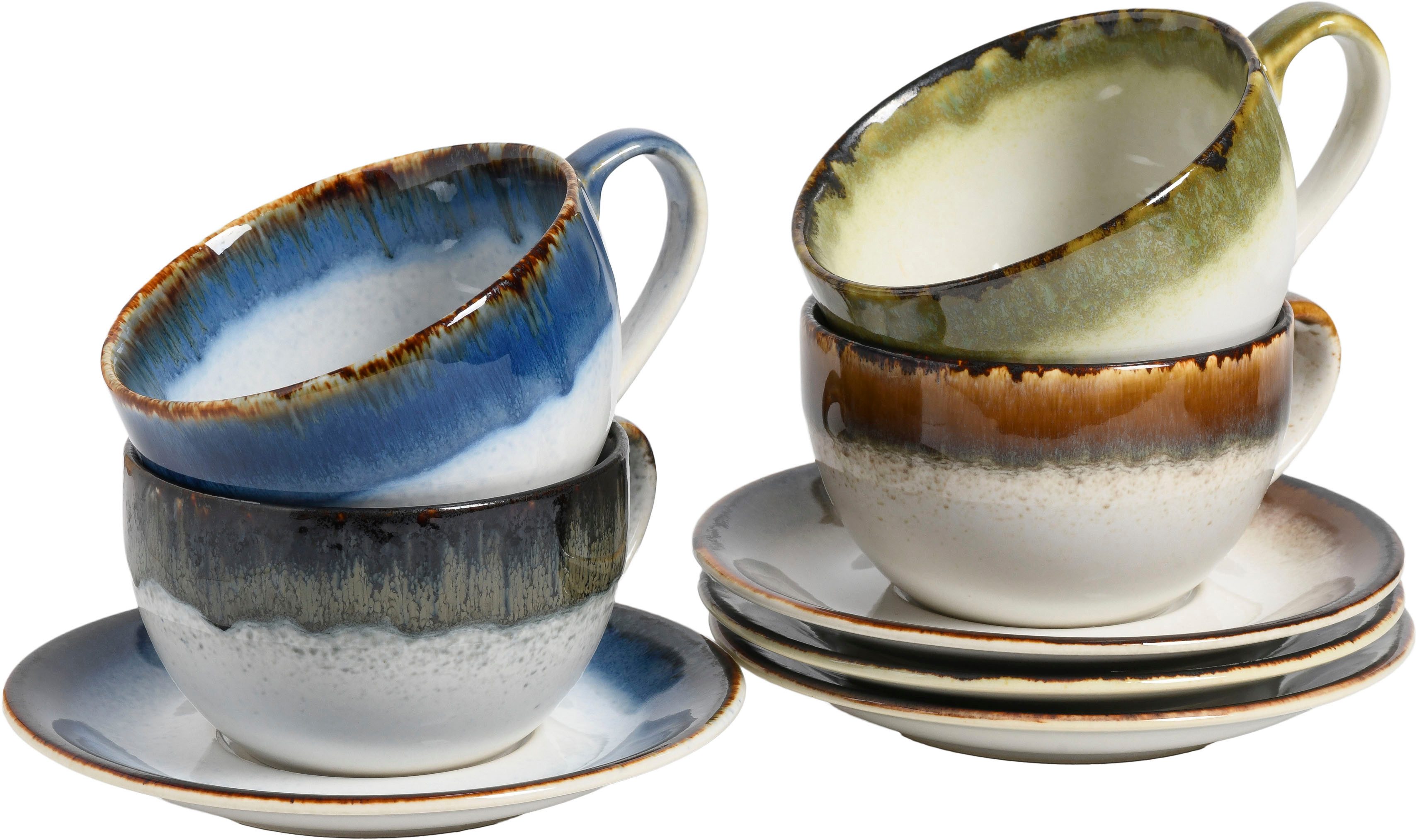 CreaTable Cappuccinotasse Cascade Mix, Cappuccino-Set, 8-tlg., Steinzeug, Reaktivglasur