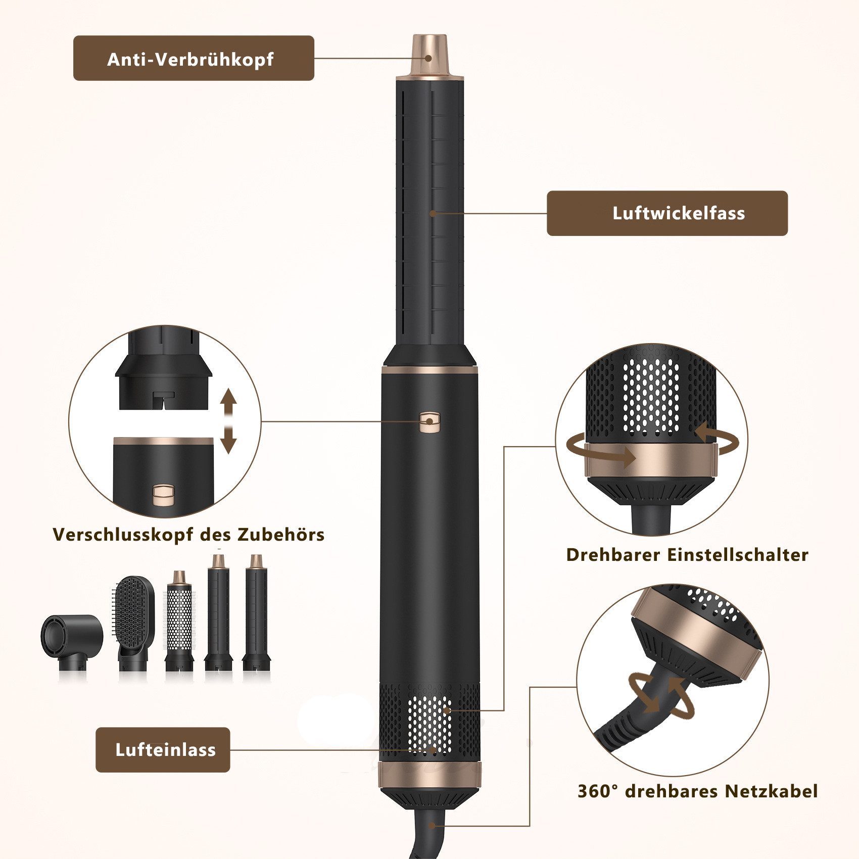 HOMELIVE Lockendreher 5 in 1 Blowout Pinsel, abnehmbares Haarfön Heißluft-Styler, 3 Temperaturen 1000W Negative Ionische Föhn Trockner