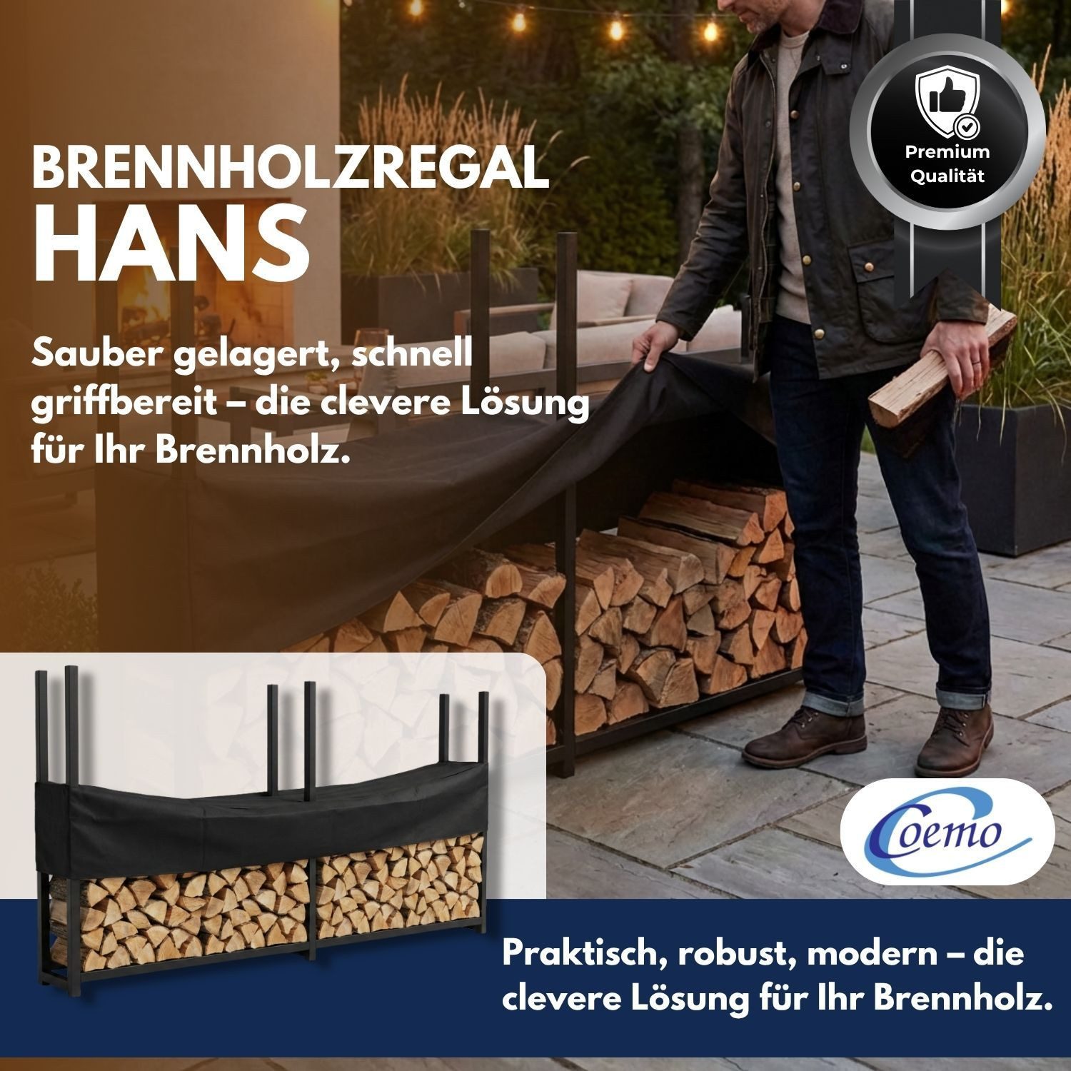 Coemo Kaminholzregal HANS, (1-St), 223 x 25 x 115 cm Brennholzregal Metall Außen Stahlrahmen Abdeckplane