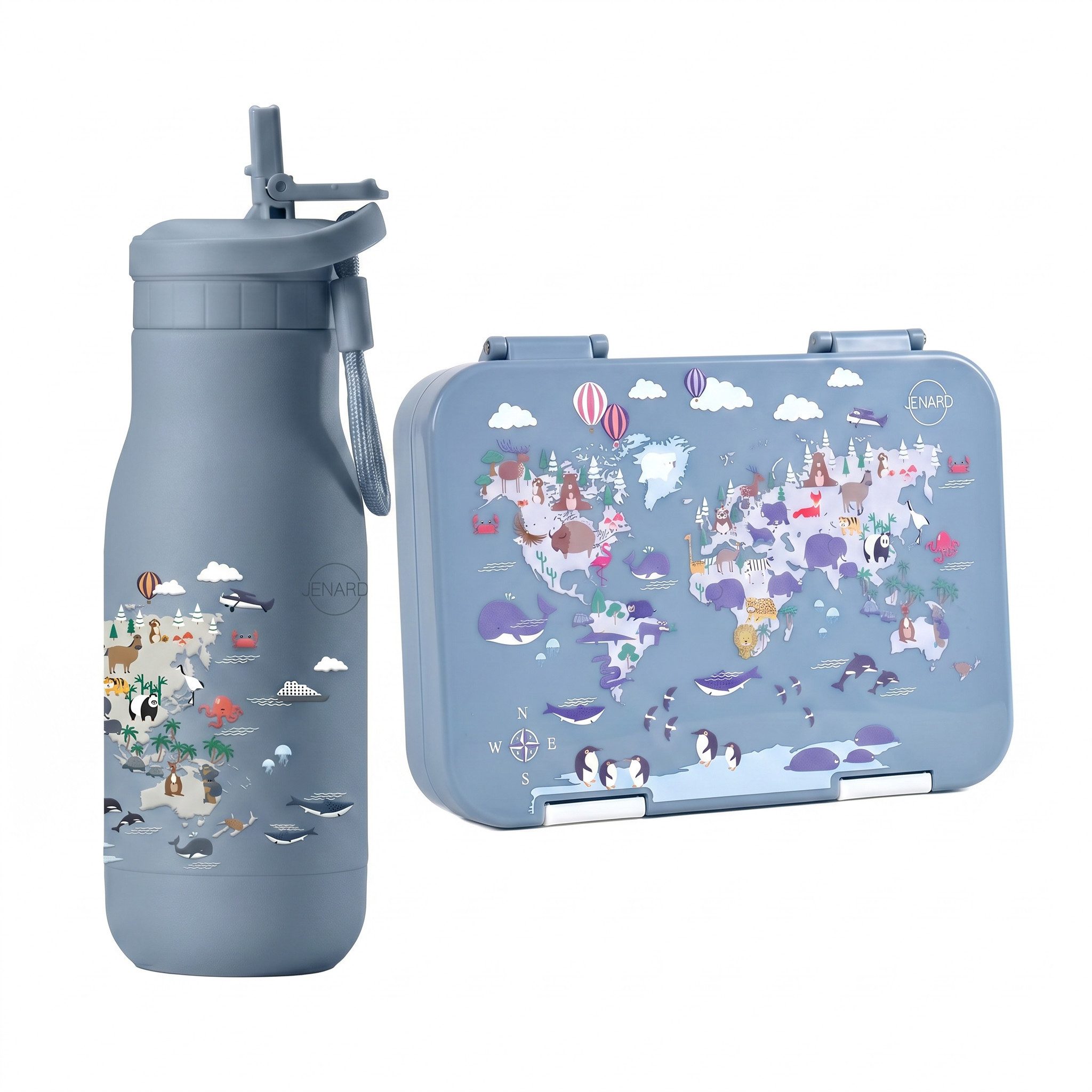 JENARD Lunchbox Brotdosen Set Kinder mit Edelstahl Trinkflasche Weltkarte mit Tiere, Edelstahl, PP, (Brotdosen- und Trinkflaschen-Set, 2-tlg., 2-teiliges Set, Brotdose und Trinkflasche, Kindergarten-Set, Schul-Set), BPA-frei, Lebensmittelecht, Kindgerecht