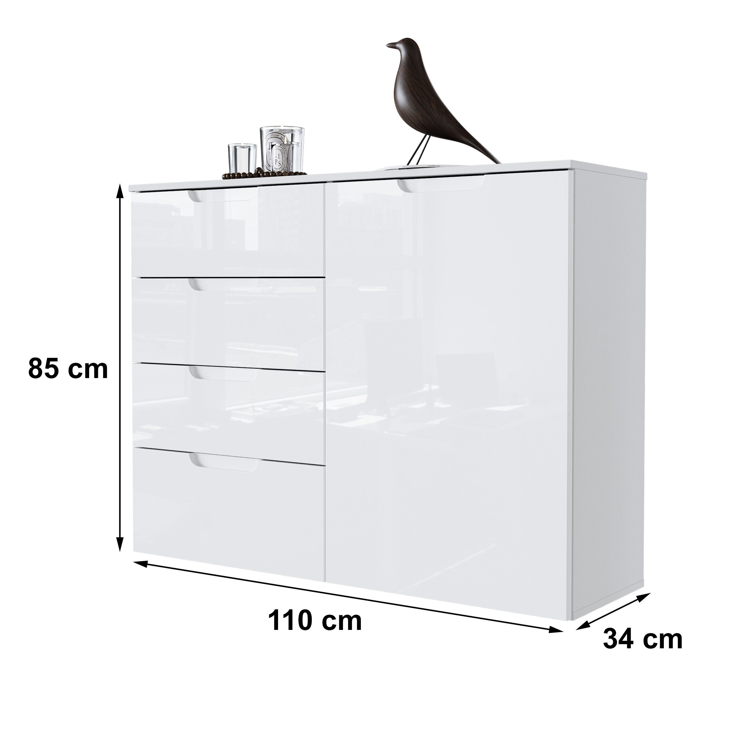 Newroom Kommode Weiß 110 cm, Weiß Hochlglanz Sideboard Vintage Industrial Highboard Anrichte