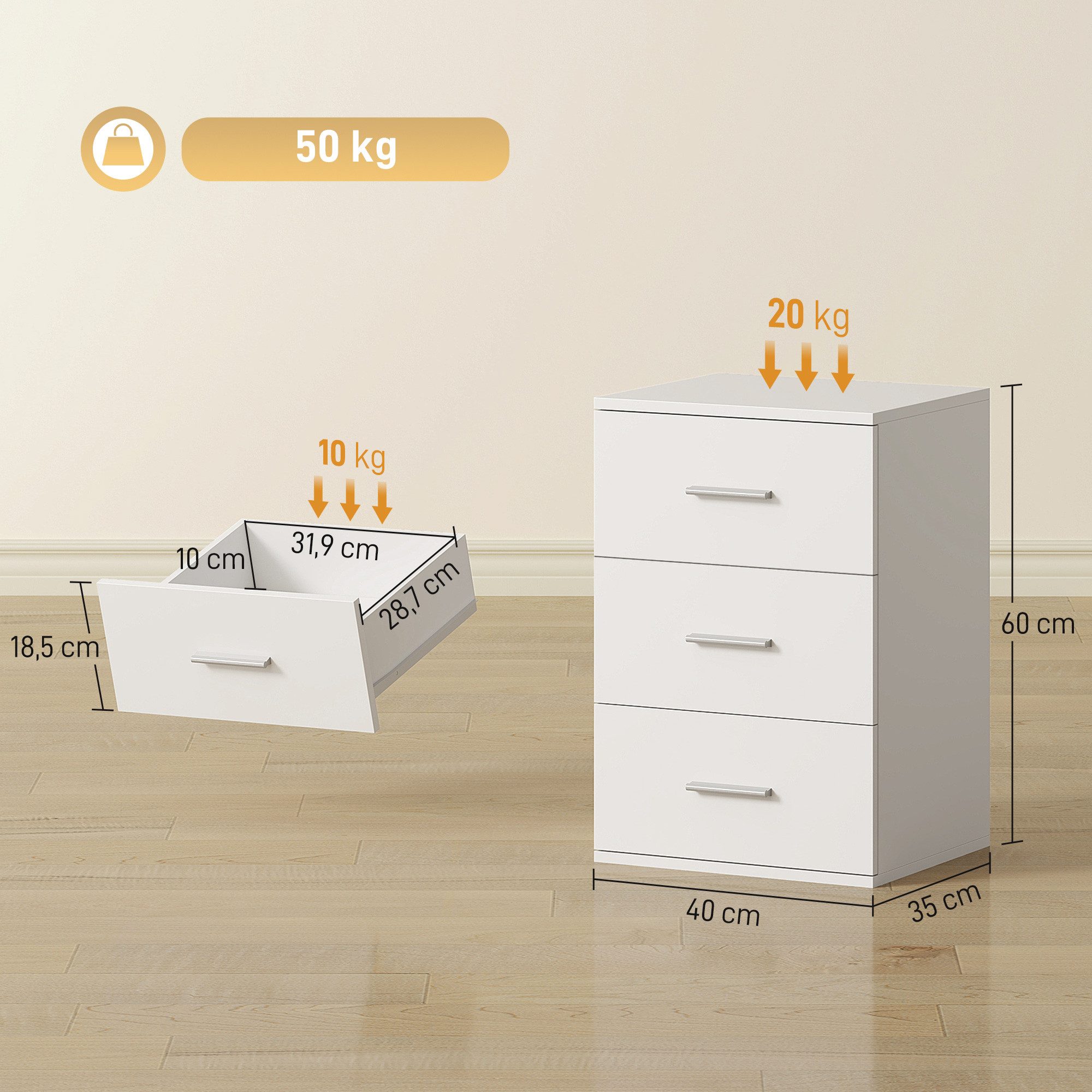 HOMCOM Nachttisch Beistelltisch mit 3 Schubladen, Sofatisch, Schubladenschrank (Nachtschrank, 1-St., Nachtkästchen), für Schlafzimmer, Wohnzimmer, 40 x 35 x 60 cm, Weiß