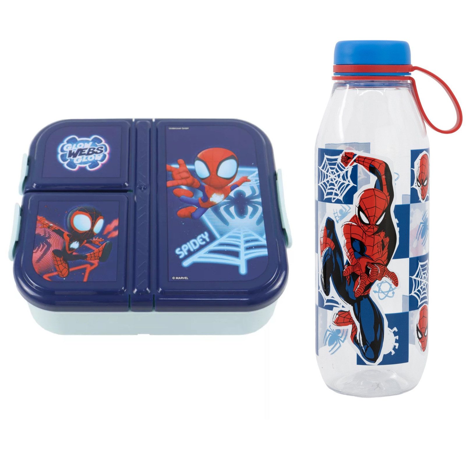MARVEL Lunchbox Marvel Spiderman Spidey Kinder 2 teiliges Set Brotdose Trinkflasche, (Spar-Set, 2-tlg., Spar-Set), 3 Kammern Dose