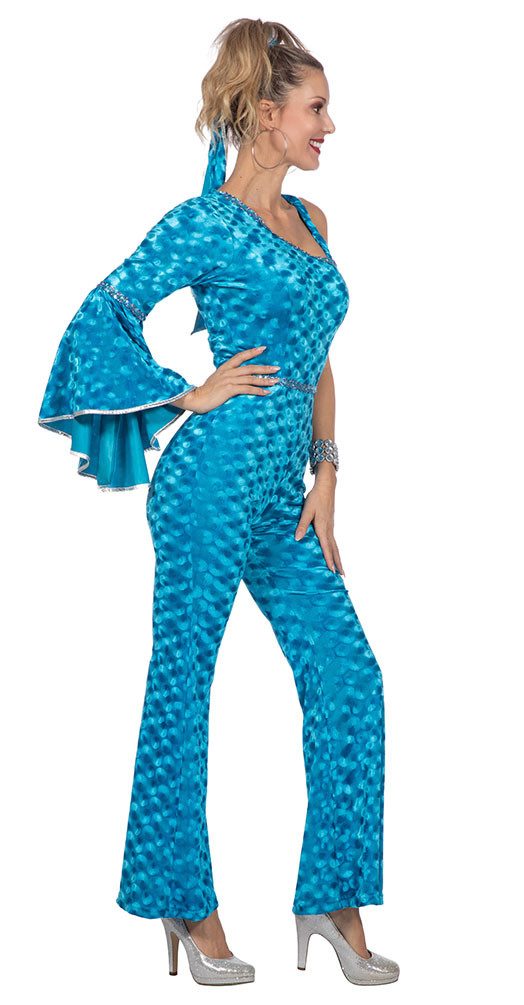 Karneval-Klamotten Kostüm 70er Jahre Disco Schlager Dame Catsuit Samt türkis, Stretch Disco-Overall Damenkostüm Frauenkostüm Schlager Party Karneval