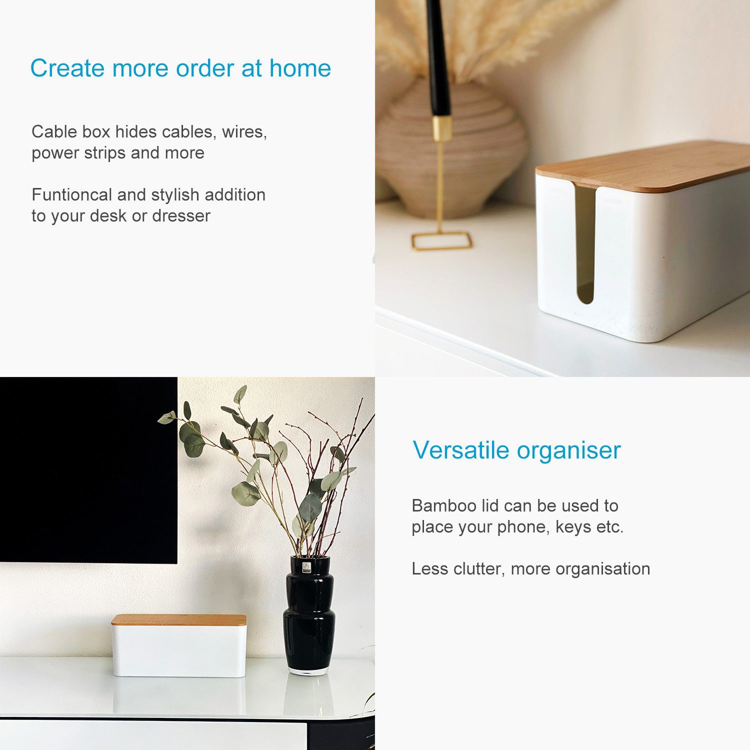 Intirilife Kabelbox, (1-tlg), Kabelbox mit Bambusdeckel in Weiß Kabelmanagement Box