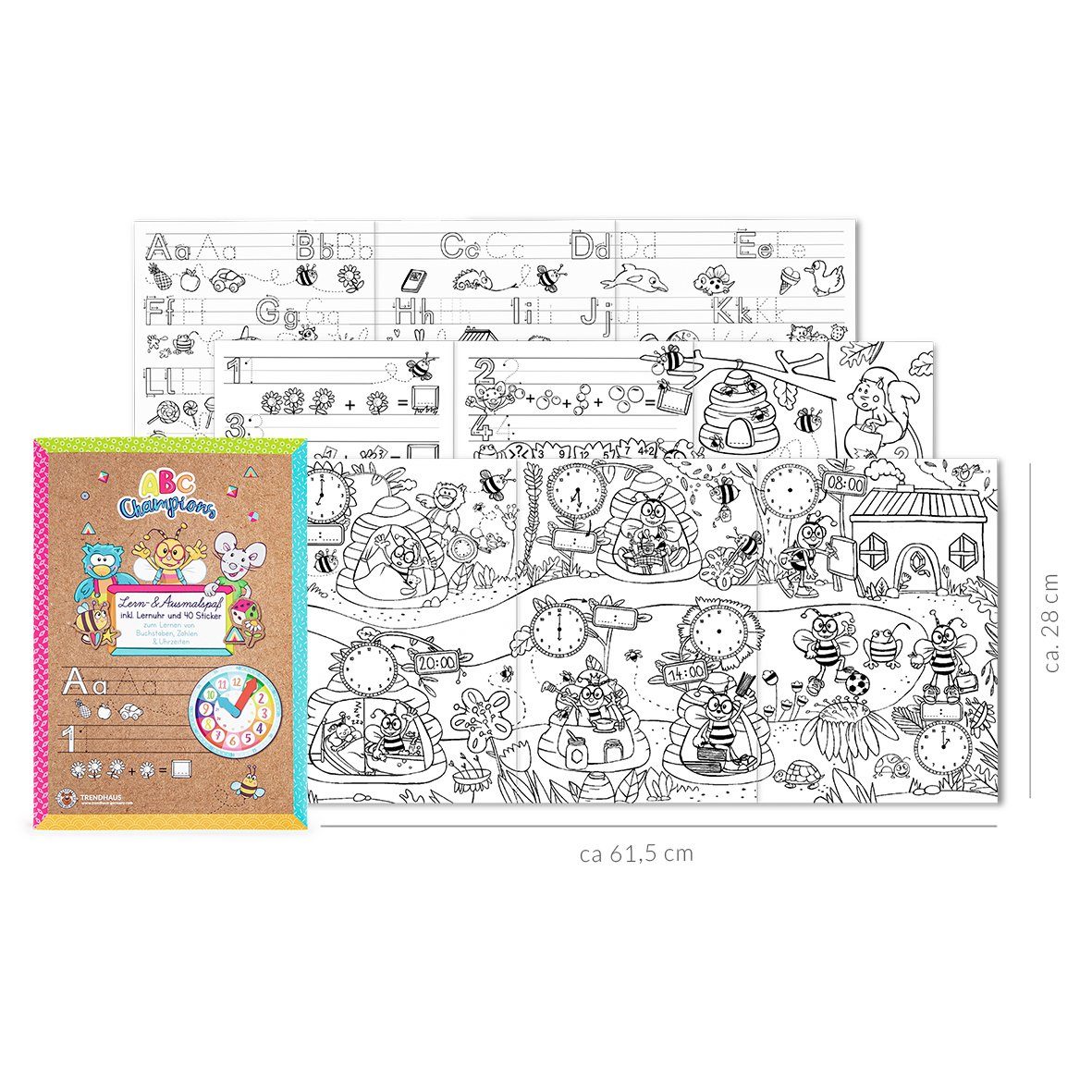 LK Trend & Style Lernspielzeug Lern- & Ausmalspaß Heft (mit 40 Stickern und einer bunten Lernuhr, 1-St., Urlaub Reise Schlechtwettertage Unterwegs), Vorlagen zum Buchstaben Zahlen & Uhrzeit lernen