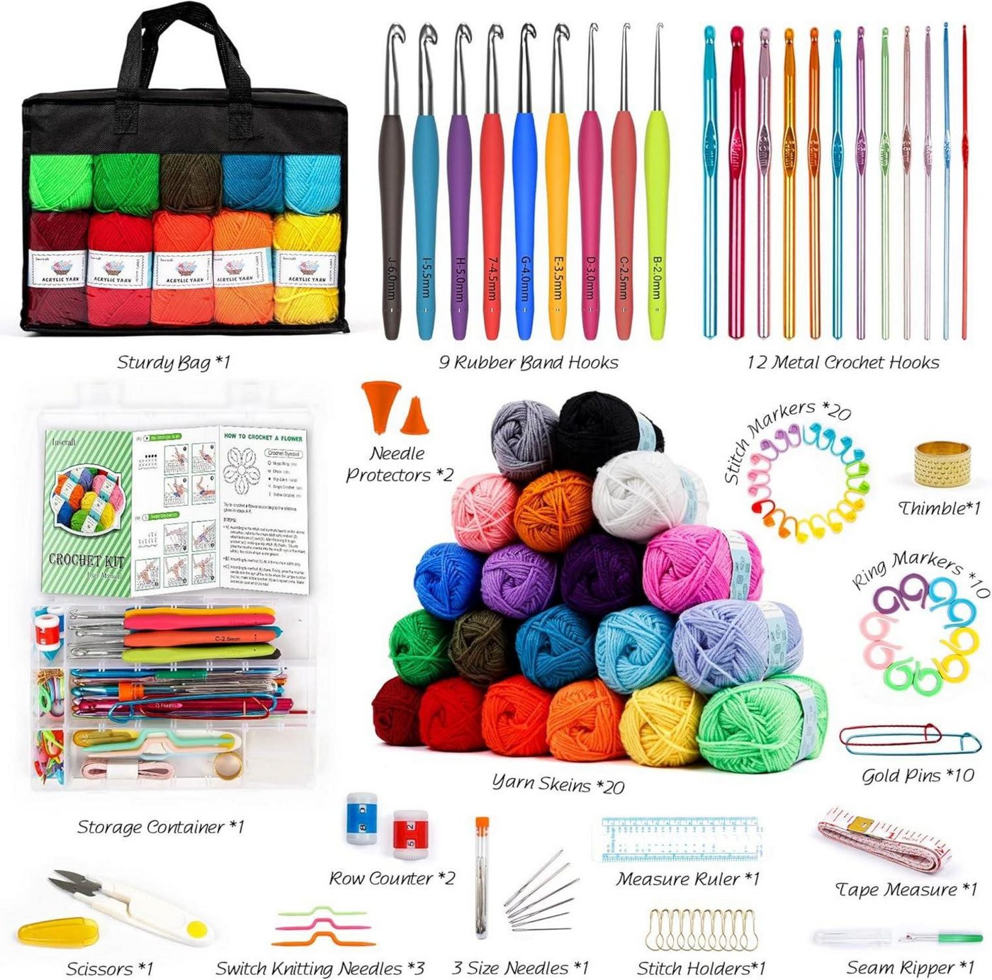 Thumbnail - LuxusKollektion Häkelnadeln Häkelwolle Set 20 Farben 105 Stück Häkelgarn 2000yd Strickgarn Nadel