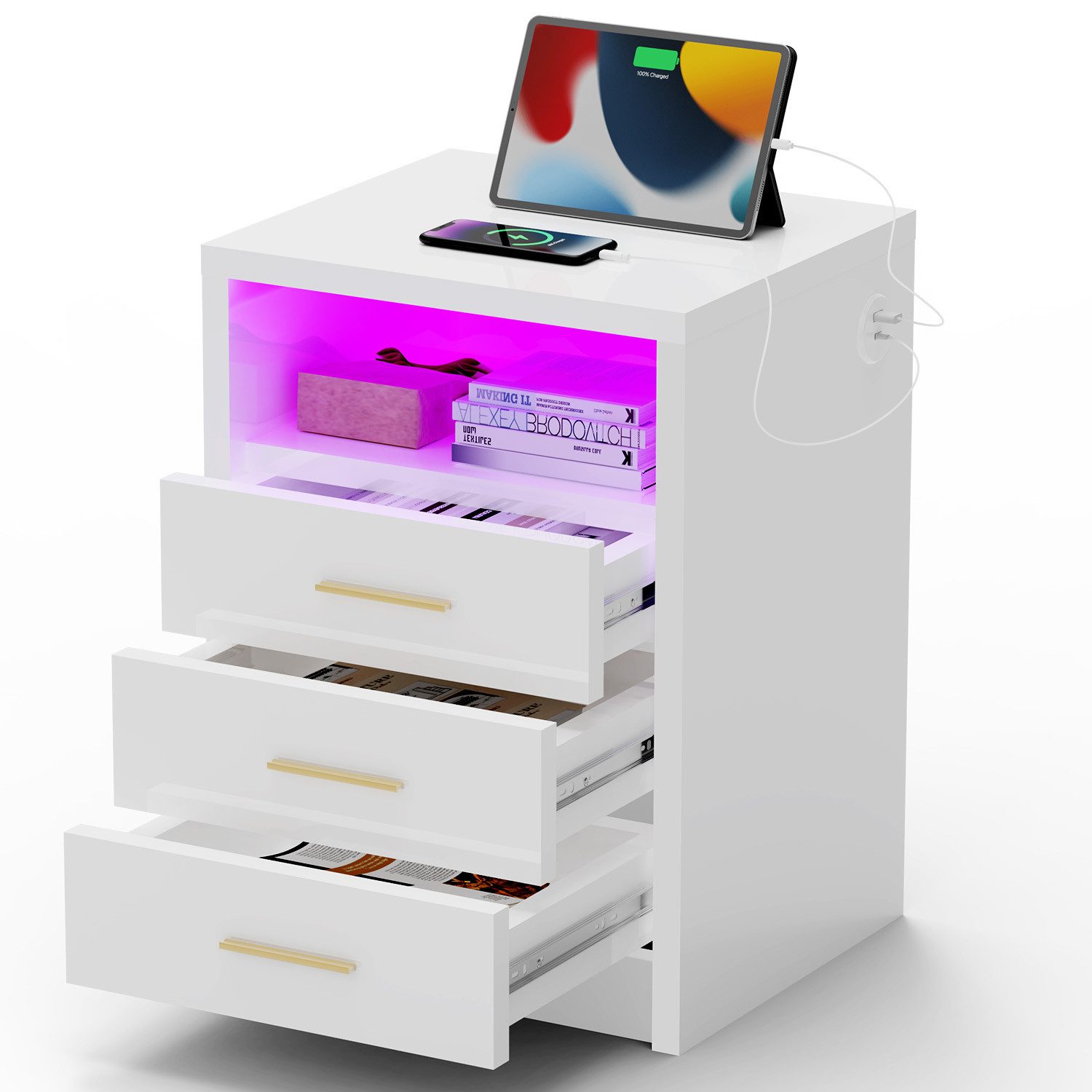 oyajia Nachttisch Nachtschrank mit 2/3 Schubladen, Beistelltisch mit Ladestation und LED (1-st RGB Nachttisch mit Schubladen und Ladestation), Nachttisch mit Schubladen, Einstellbare Farben, Type-C, USB-Anschlüsse