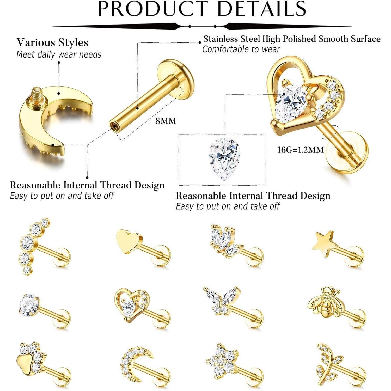 LuxusKollektion Piercing-Set 12 Stück 16G Knorpel Helix Ohrringe Chirurgenstahl CZ Mond Herz Stern