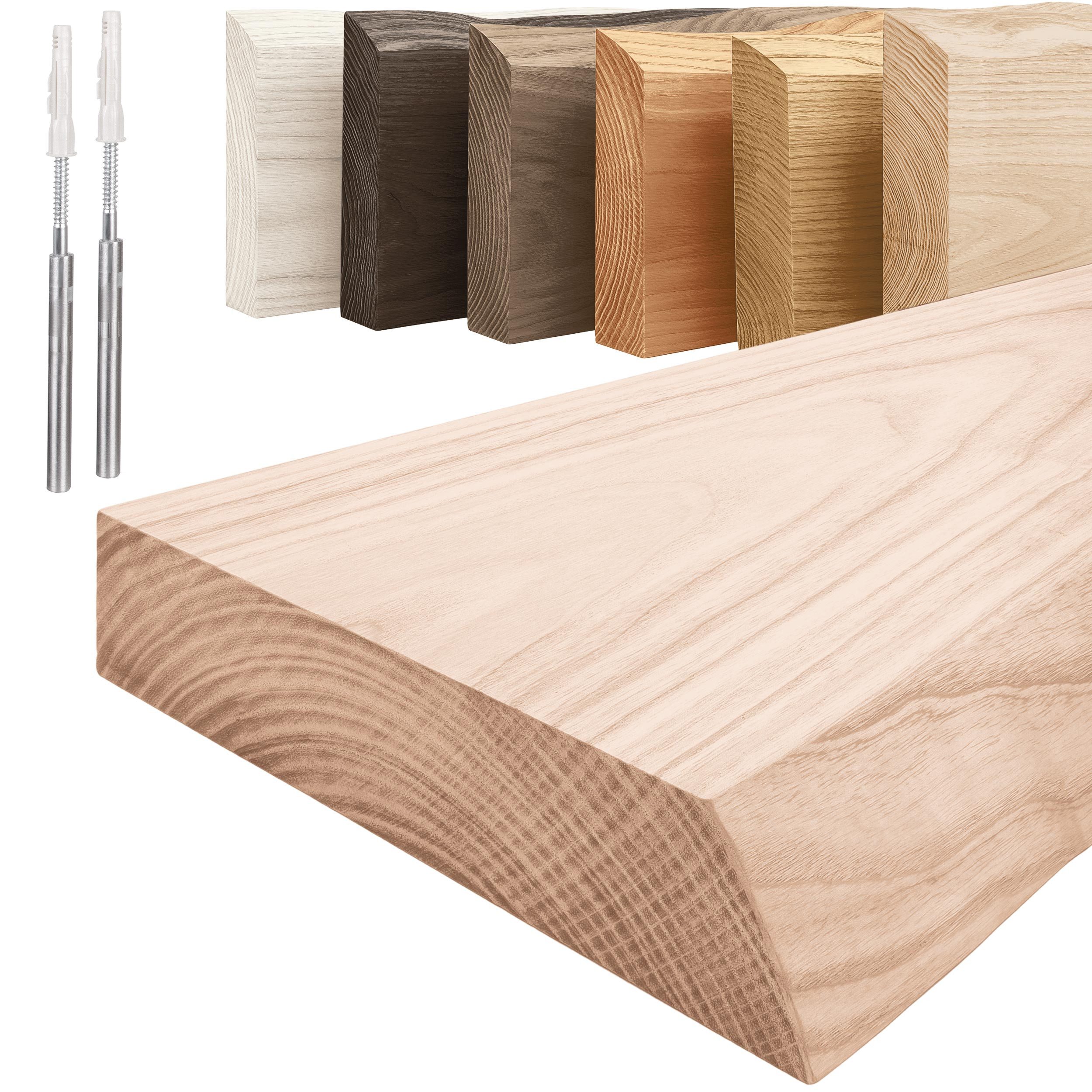 LAMO Manufaktur Wandregal Holz Baumkante, Regal Farbe: Roh, Invisible: Schweberegal, 40 cm, Komplett-Set, 40mm stake Massivholzplatte