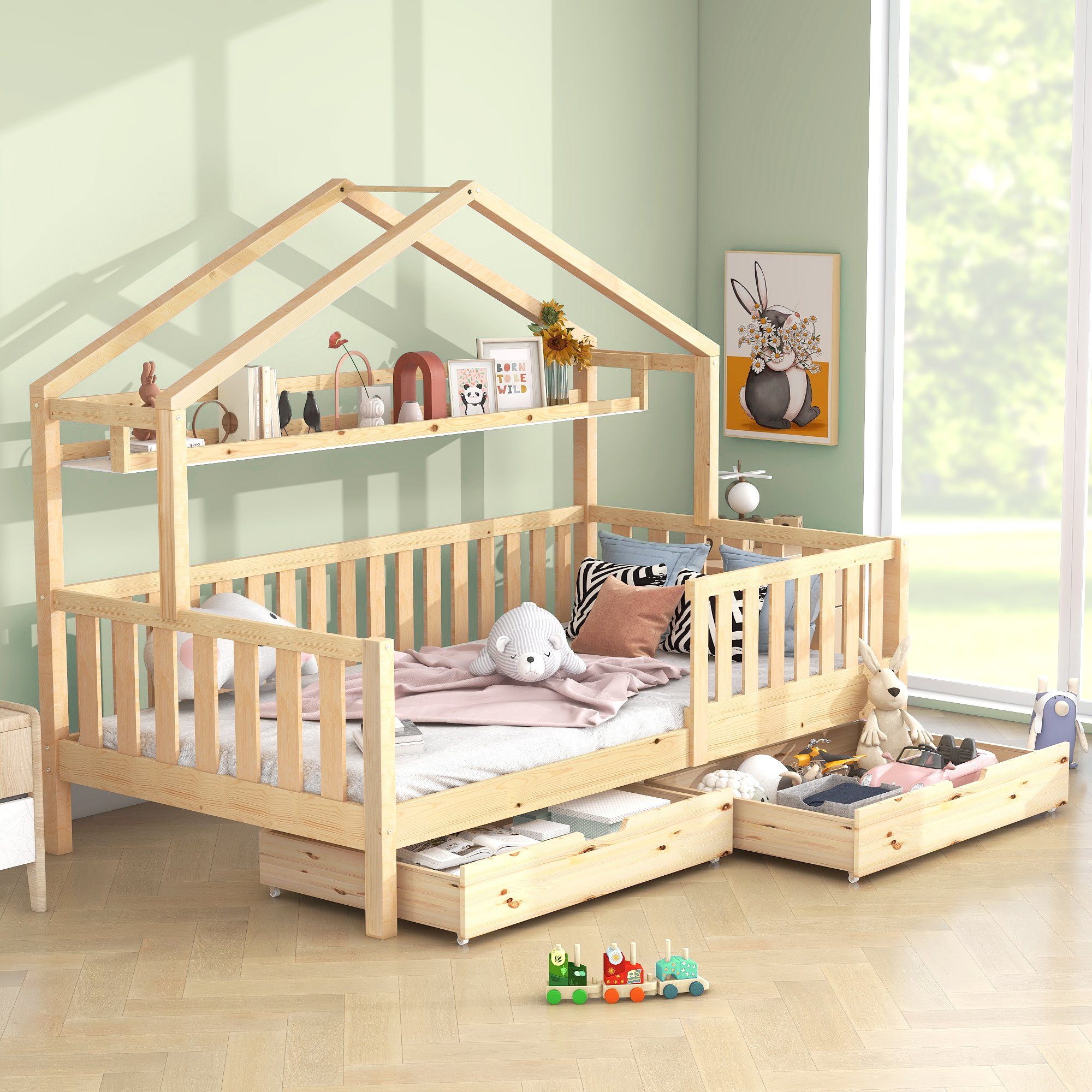 Kinderbett (Hausbett mit 2 Schubladen, Lattenrost und Ablageregal), Einzelbett mit Rausfallschutz, Kiefernholz, 90x200cm, Natur