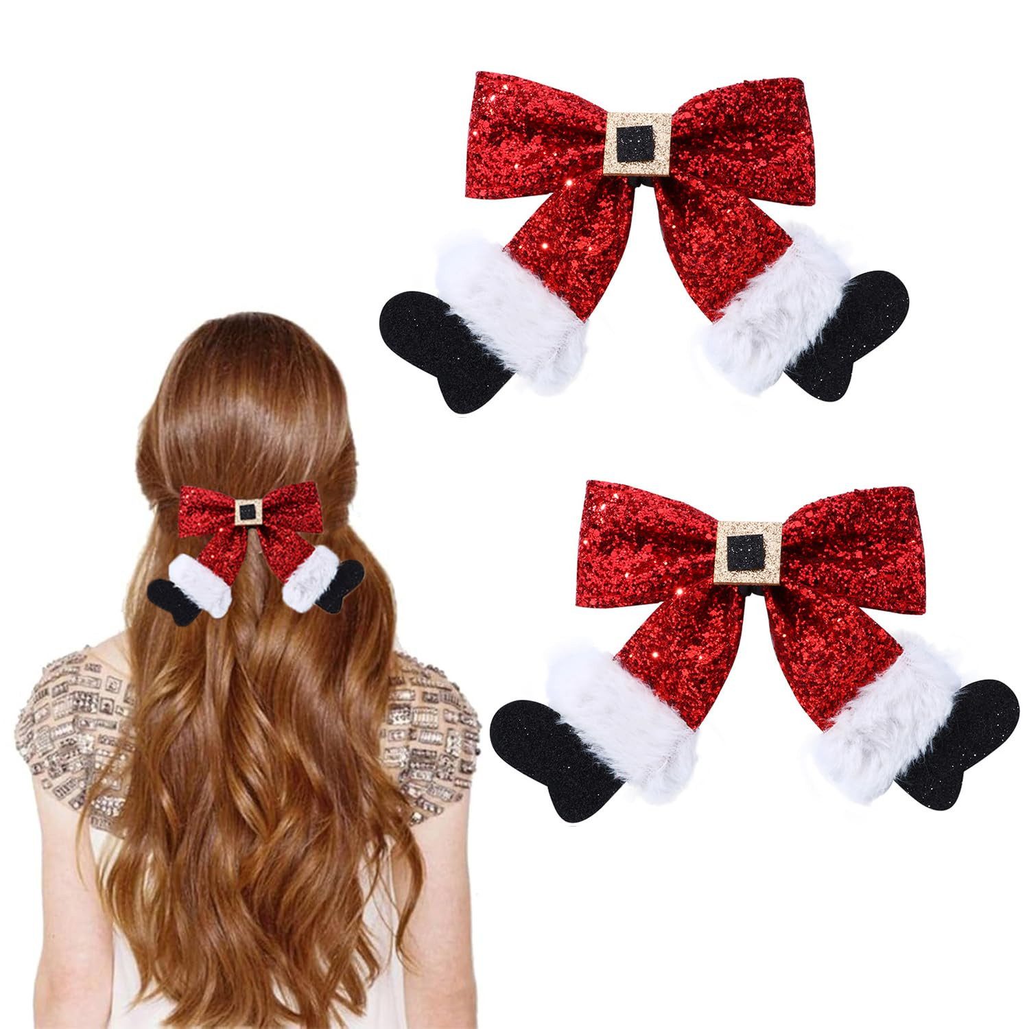 Coonoor Haarspange Damen-Haarschleifen, Weihnachts Schleifen-Haarspange, Haarklammer, 1 Stück, 2 Stück, Glitzernde Pailletten Weihnachts-Schleifen-Socken-Haarklammer, Weihnachtliche Haarschleife mit Stiefelmuster