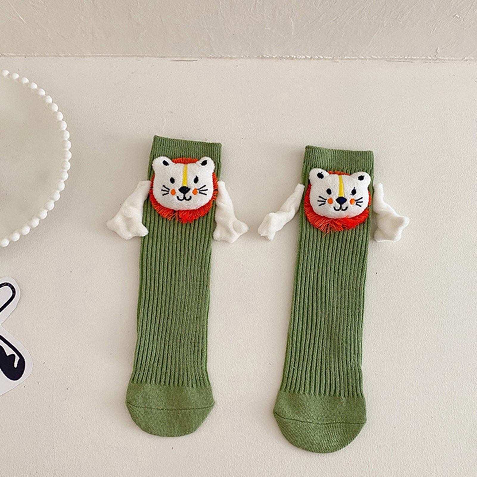 Weiche Grün Tier Damen Socken (Händchen Süße Panda/Löwe Atmungsaktive einfarbig haltende Paar Mädchen) Kuschelsocken 1 Winterwarme Cartoon magnetische Rutaqian Socken, Kinder-Baumwollsocken Socken für mittlerer Röhre