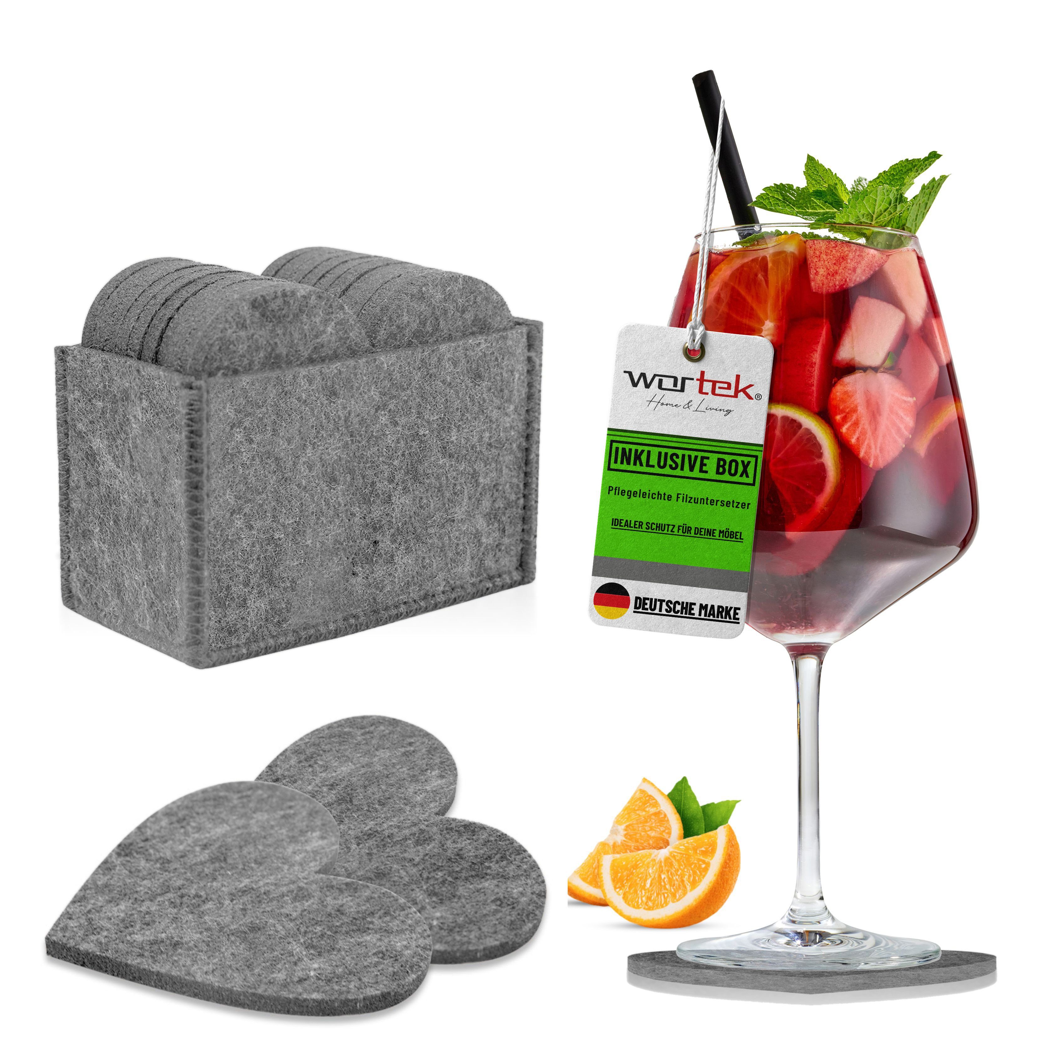 wortek Getränkeuntersetzer Filz-Untersetzer Herz für Gläser 10er Set + Box, Zubehör für Tisch & Gläser, Set, 10-tlg., waschbare Getränke Glasuntersetzer Gläser, Tischuntersetzer Filz 10 cm