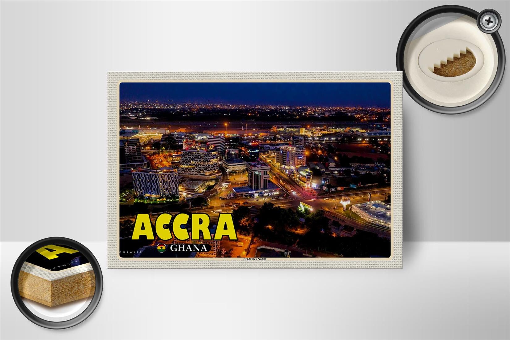 Femer GmbH Holzbild Reise 18x12 cm Accra Ghana Stadt bei Nacht, (1 St), Glatte Holzfaserplatte (MDF), vorn beschichtet
