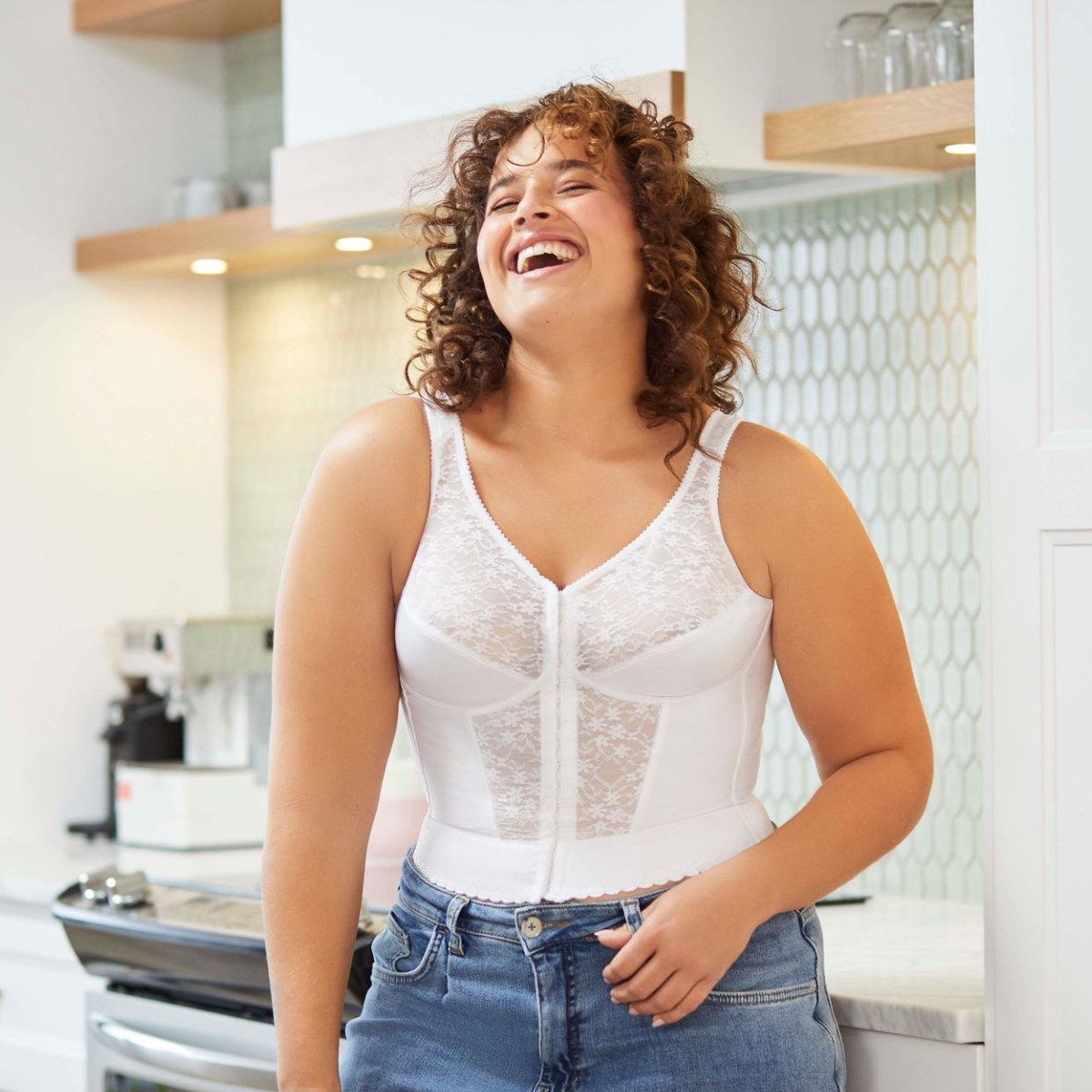 Exquisite FORM Entlastungs-BH 6107565 Langer BH ohne Bügel mit Vorderverschluss und Spitze