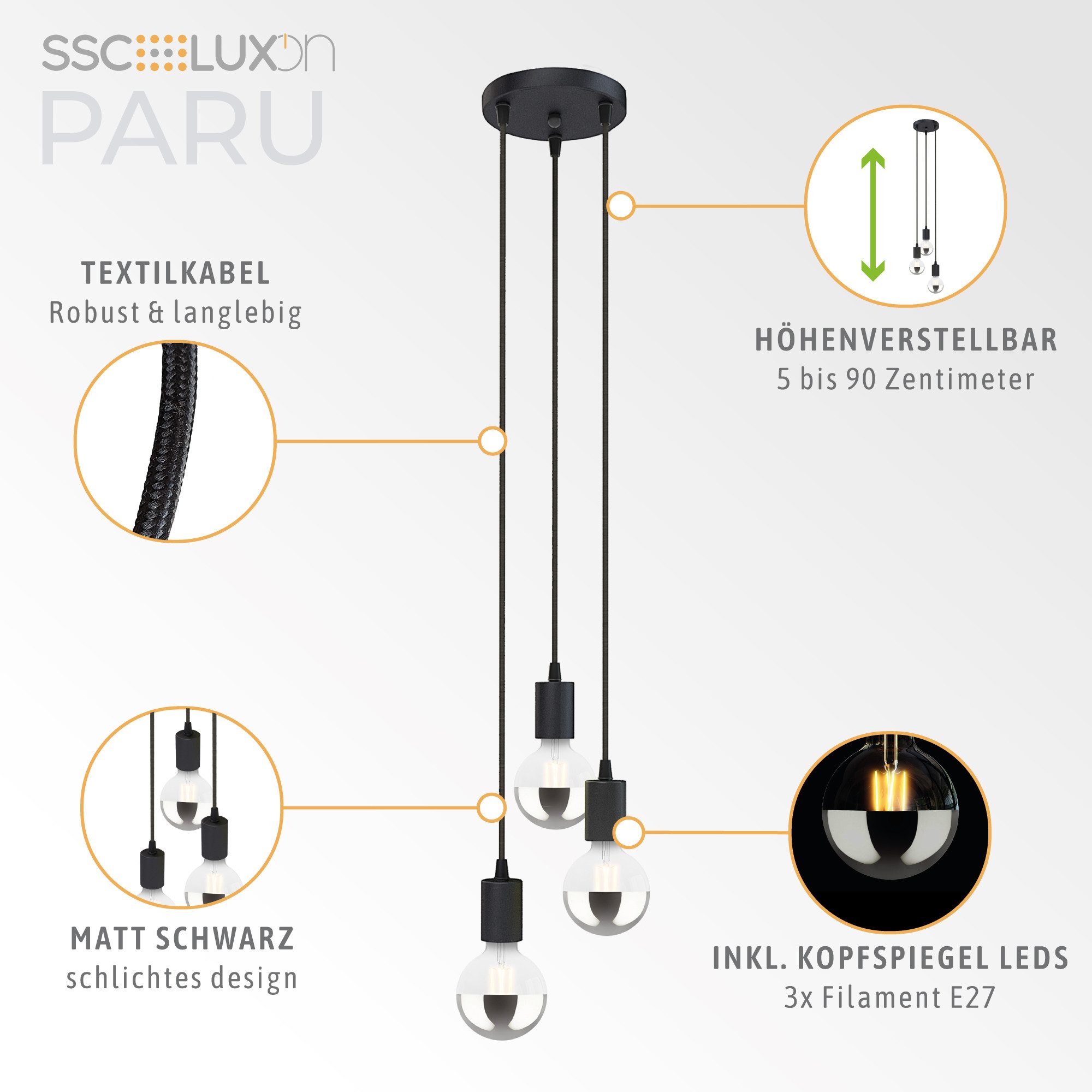 SSC-LUXon LED-Hängeleuchte Pendellampe PARU 3er mit E27 LED Spiegel Globe warmweiß 7W, Warmweiß