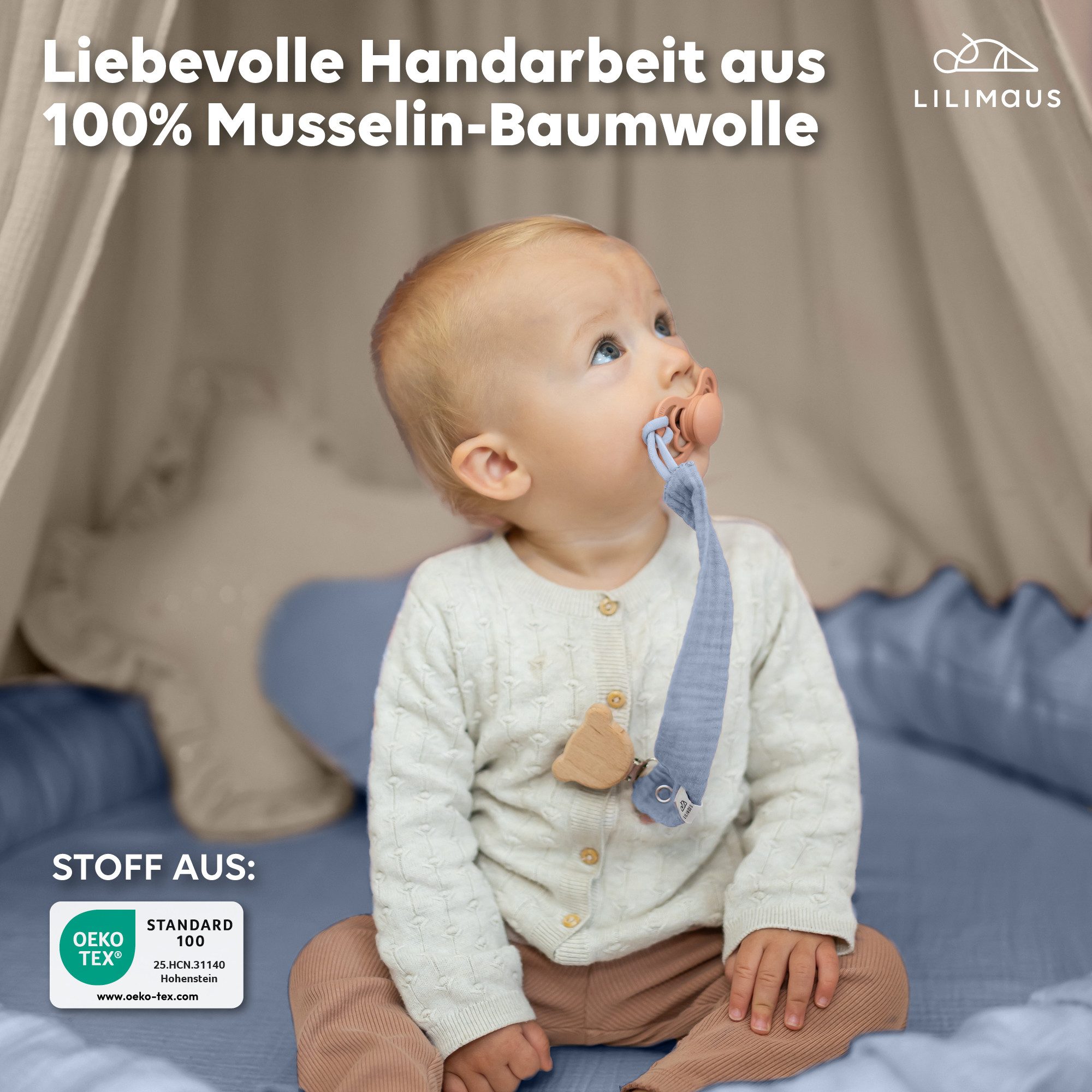 lilimaus Schnullerbefestigung Schnullerkette aus Musselin & Holz - handgemacht, (3-tlg), mit Holzclip & sicherer Länge - schadstoffgeprüfte Musselin-Baumwolle