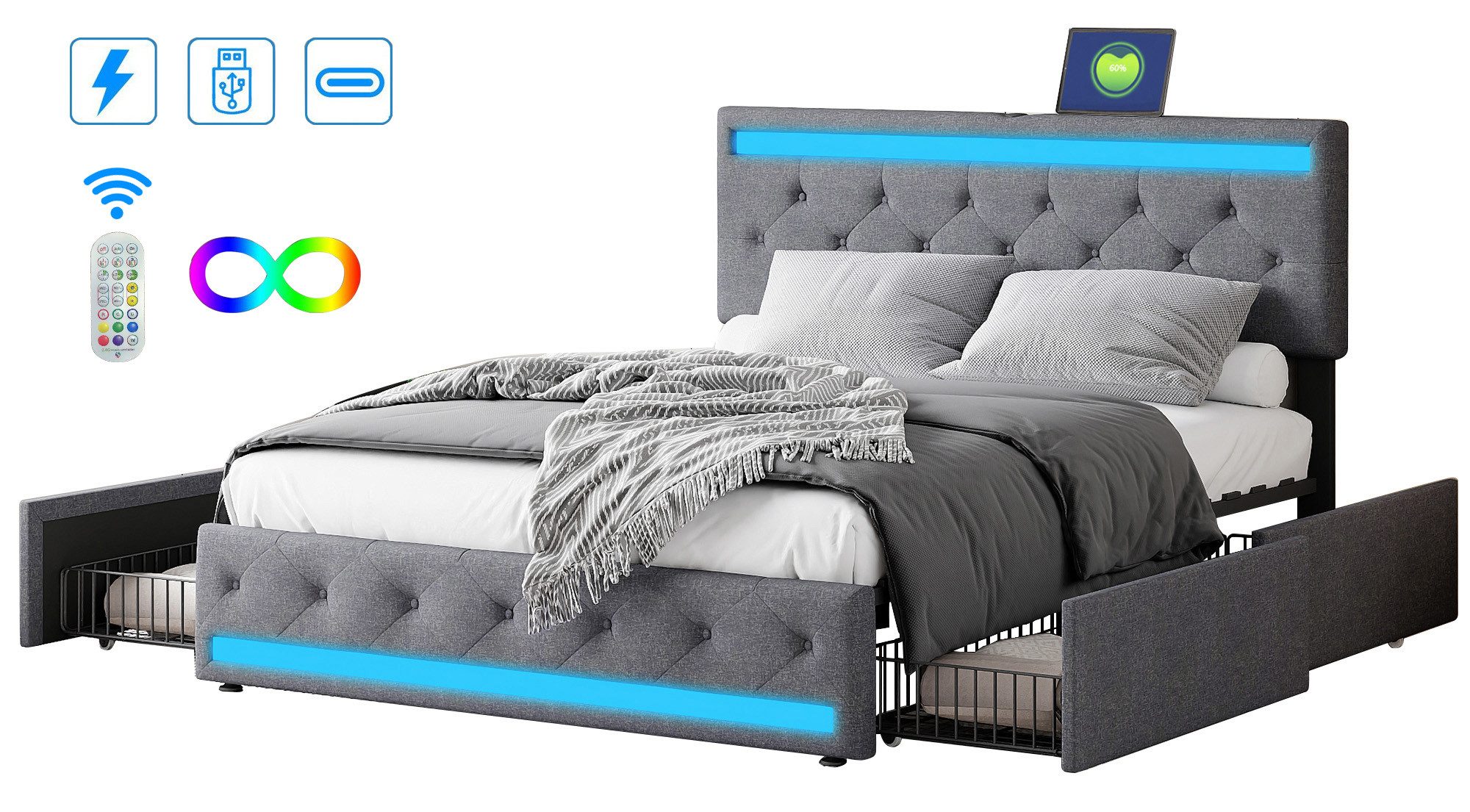 FUROKOY Polsterbett Doppelbett Stauraumbett mit LED-Beleuchtung günstig online kaufen