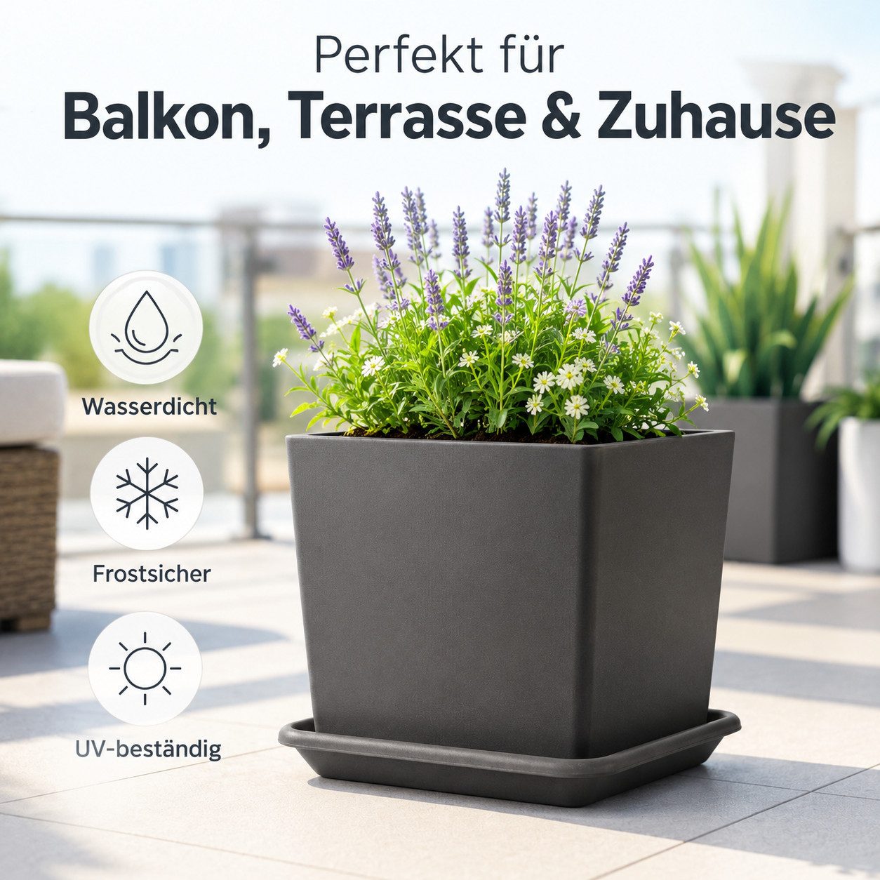 Testrut Blumentopfuntersetzer Pflanzenuntersetzer anthrazit eckig für saubere Flächen, Zubehör für Pflanztopf Pia