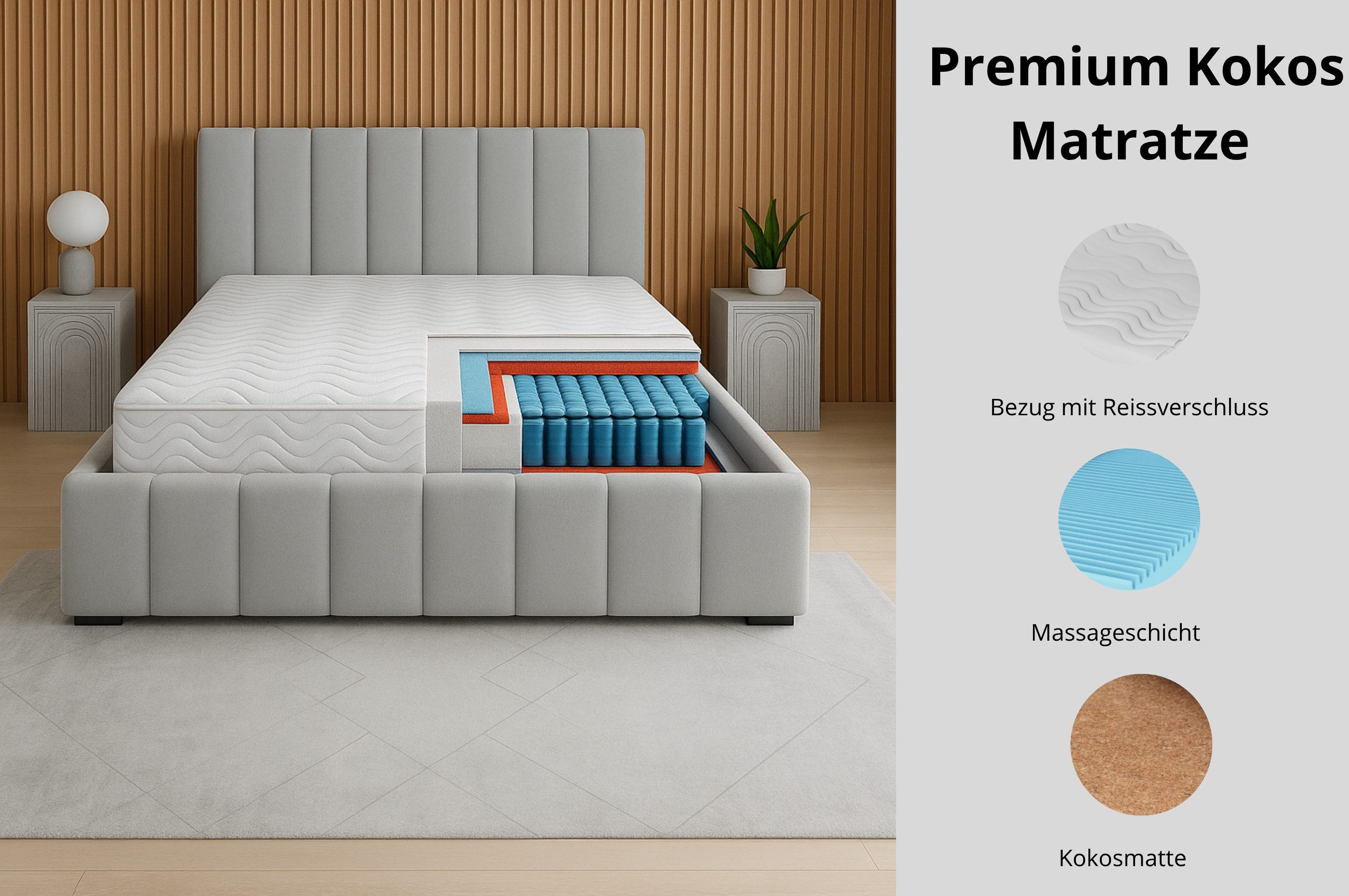 Taschenfederkernmatratze 7 ZONEN Premium-Kokos, Härtegrad H3/H4, MARPUR, 21 cm hoch