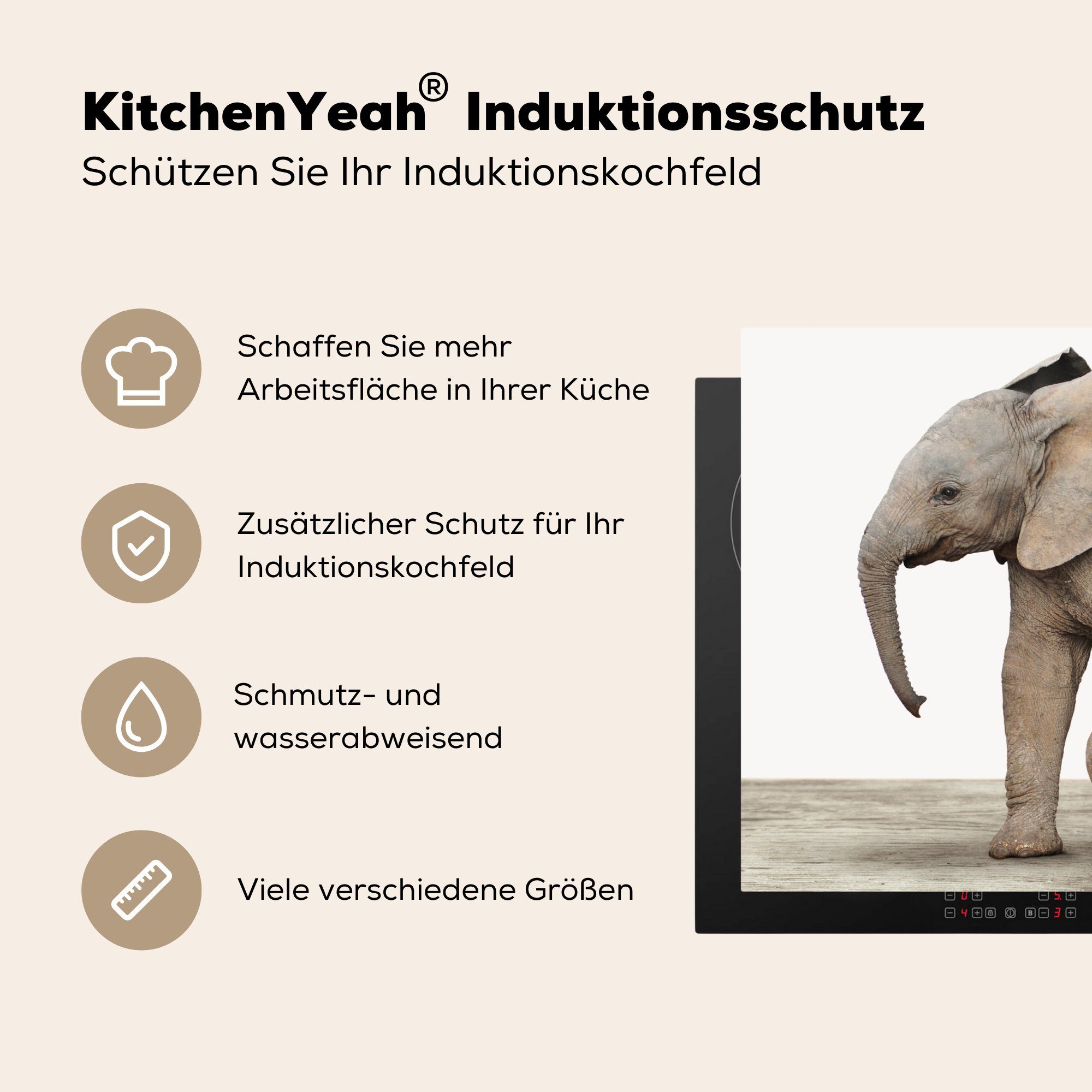 MuchoWow Herdblende-/Abdeckplatte Baby-Elefant - für Ceranfeldabdeckung, Tiere Arbeitsplatte küche tlg), - - Vinyl, 81x52 cm, - Jungen, Mädchen Kinder (1