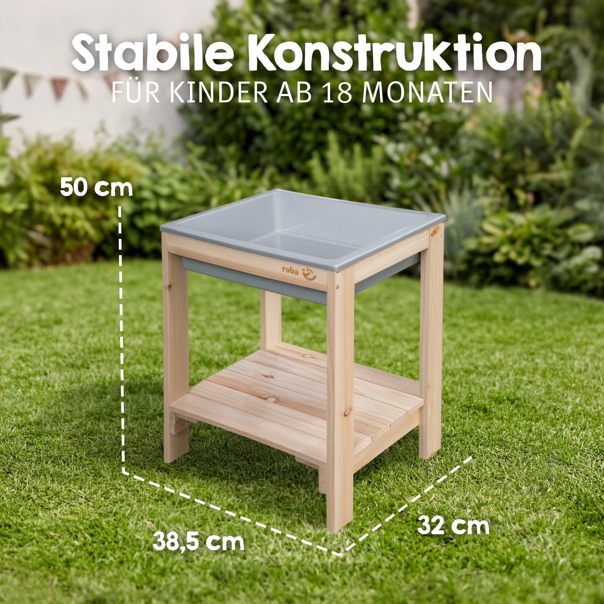 roba® Spieltisch Tiny - Garten Spielzeug mit Wanne, aus natürlichem Massivholz - Sand- & Matschtisch für Draußen