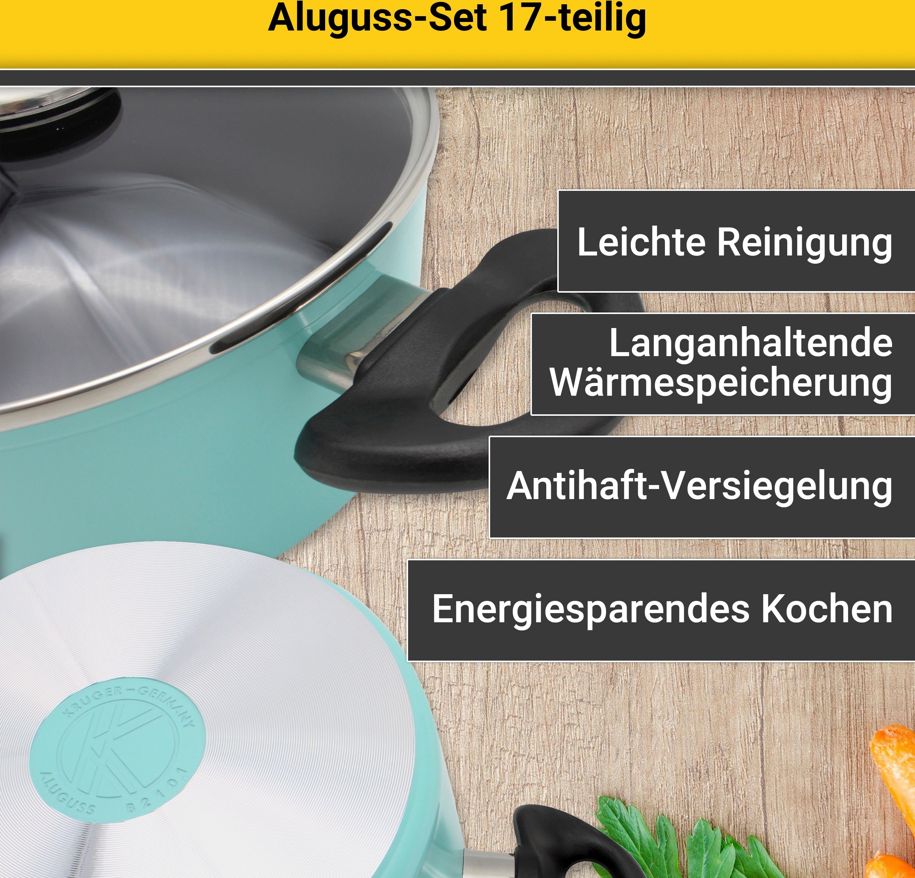 Krüger Topf-Set Aluguss Topf- und Pfannenset inkl. praktischen Küchenhelfern, 17 tlg., Aluminiumguss (Set, 17-tlg., Fleischtopf 16/18/20/24cm, Stieltopf 16cm Steakpfanne 7 T.Küchenhelfer), inkl. 7-tlg. Küchenhelfer-Set